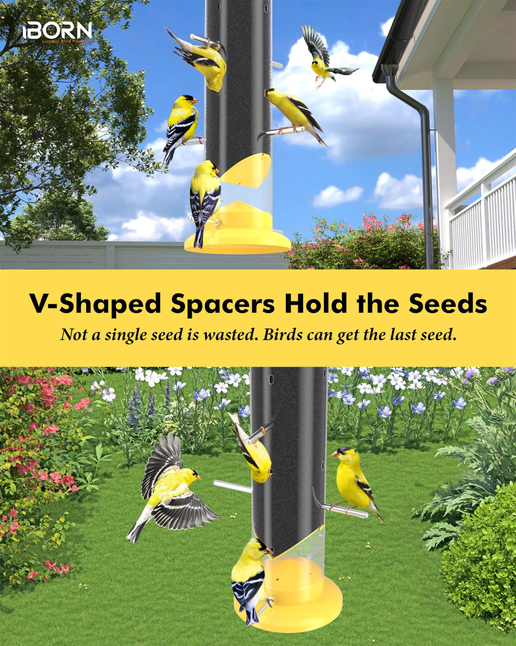 iBorn Nyjer & Thistle Bird Feeder for Outdoors Hanging，Finch Feeders for Outside，Metal Tube Bird Feeder 14 Inch with 12 Small Ports,8 Metal Perches,Yellow