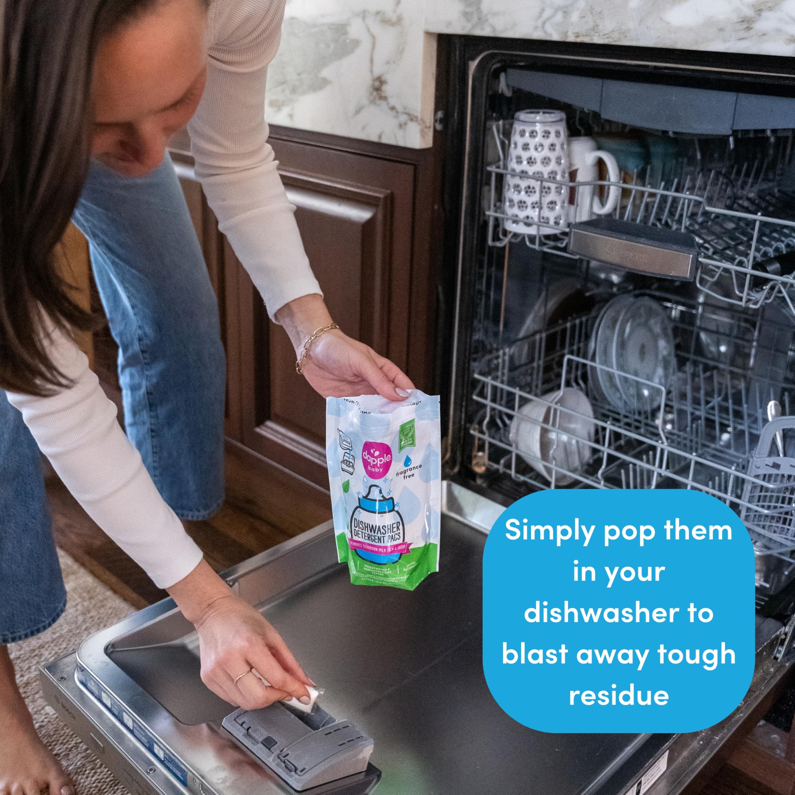 Dapple Baby Dishwasher Pods, Fragrance Free, Sulfate-Free, Hypoallergenic, Removes Milk Residue & Odor on Dishes, Baby Bottles & Kitchenware, 50 Count