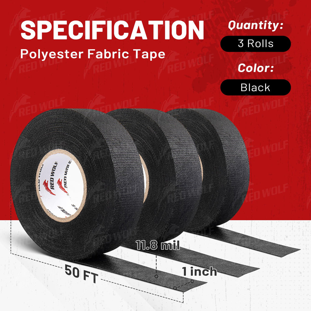 RED WOLF 1 Inch x 50 FT Wiring Harness Cloth Tape 3 Rolls Electric Wire Loom Harness Flexibility High Abrasion Resistance Adhesive for Automobile Electrical Engine Noise Dampening Insulation, Black
