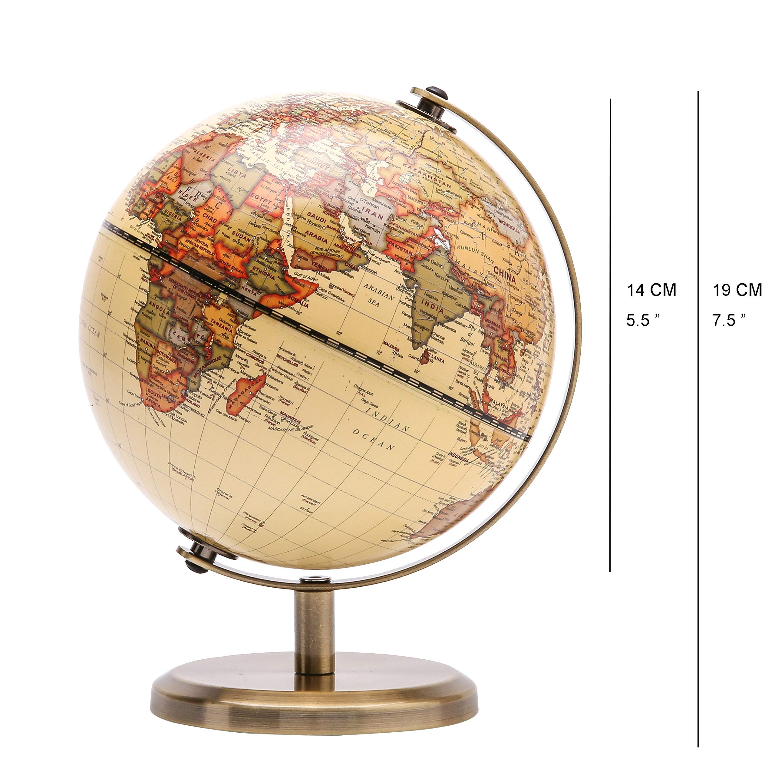 Exerz 14cm Antique Globe (5.5") - English Map - Mini Globe Educational/Geographic Vintage Color Modern Map - Metal Arc and Base