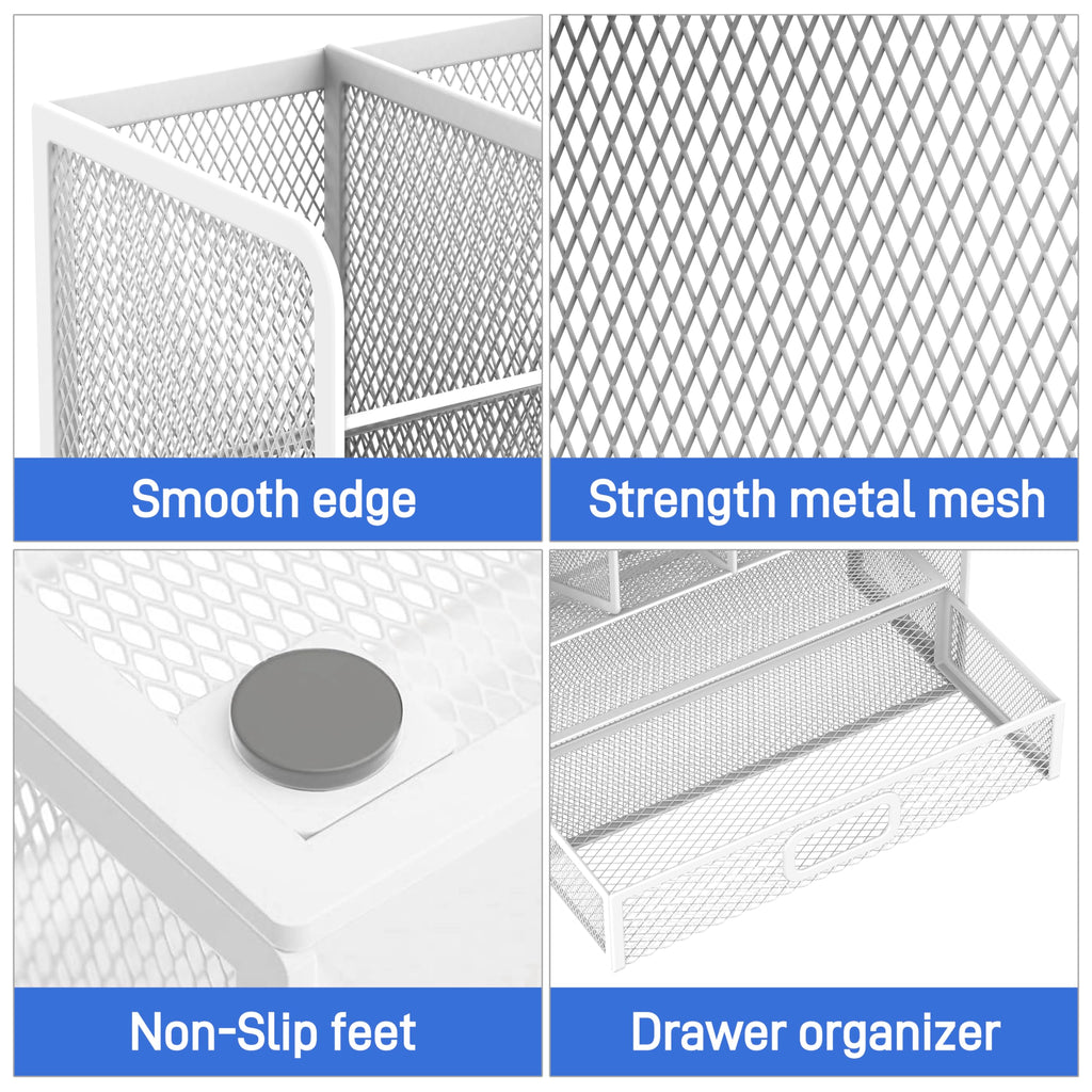 Mesh Pen Holder Desk Organizer, Multi-Function Pen Organizer with Drawer, Cute Desk Organizers and Accessories for Office Supplies White