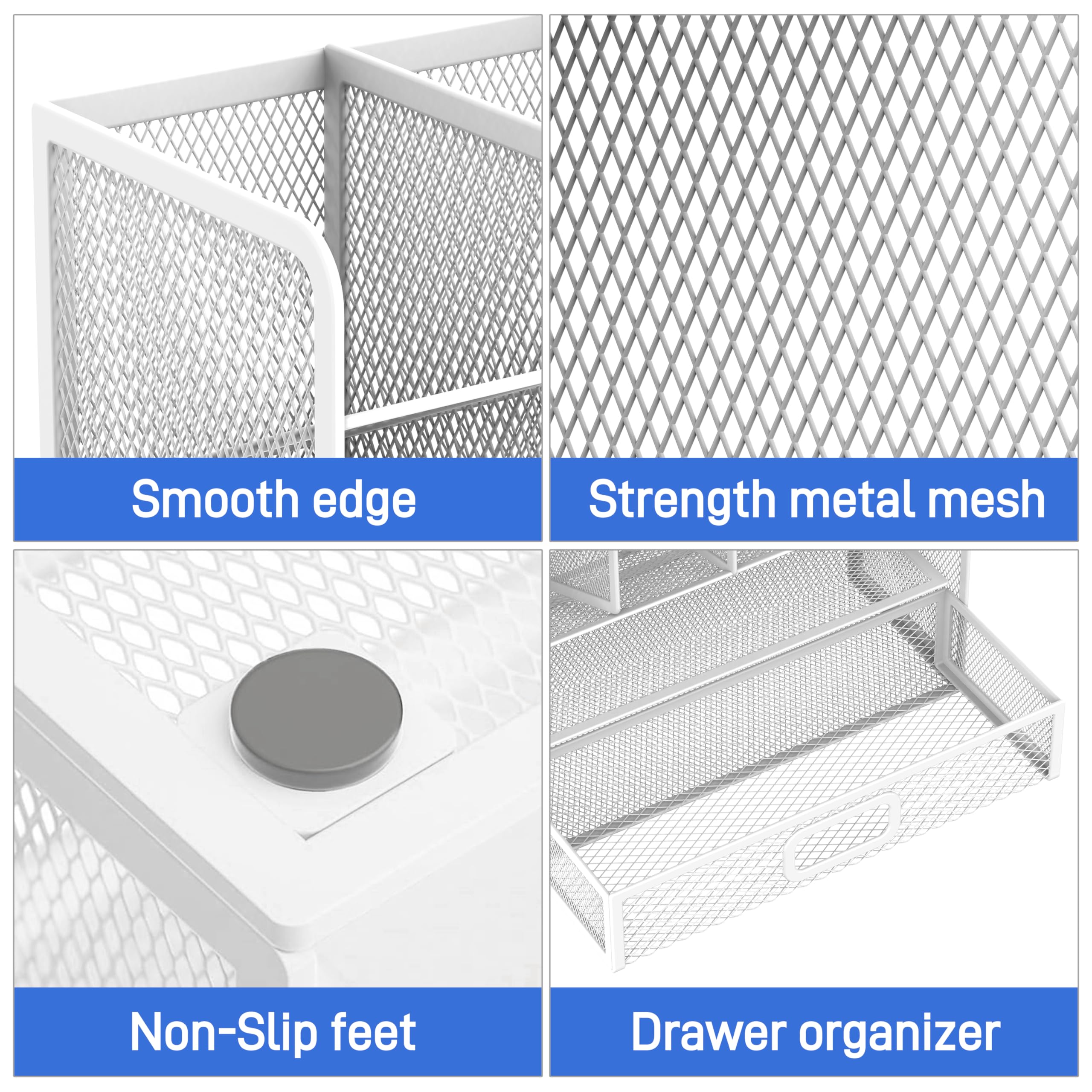 Mesh Pen Holder Desk Organizer, Multi-Function Pen Organizer with Drawer, Cute Desk Organizers and Accessories for Office Supplies White
