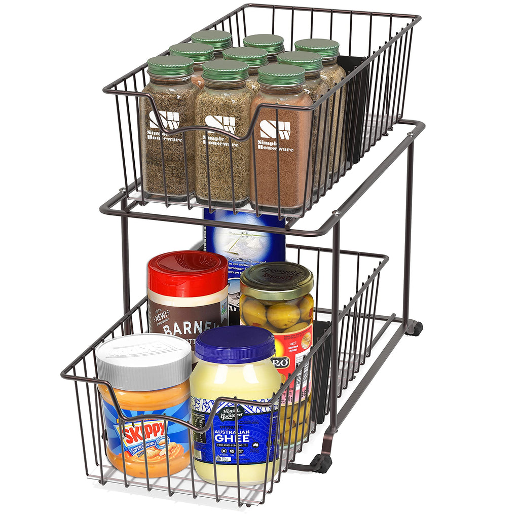 Simple Houseware 2 Tier Pull Out Cabinet Wire Basket Drawer Organizer for Under Sink, Kitchen, and Bathroom, Brown