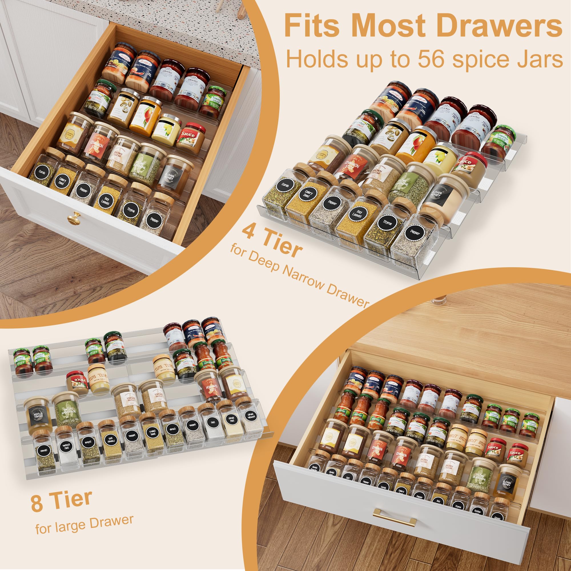 Brippo 8-Pack Spice Drawer Organizer, Expandable Acrylic Seasoning Rack (13" to 26") with Anti-Slip Mat, Kitchen Spice Rack Tray Holds up to 56 Jars