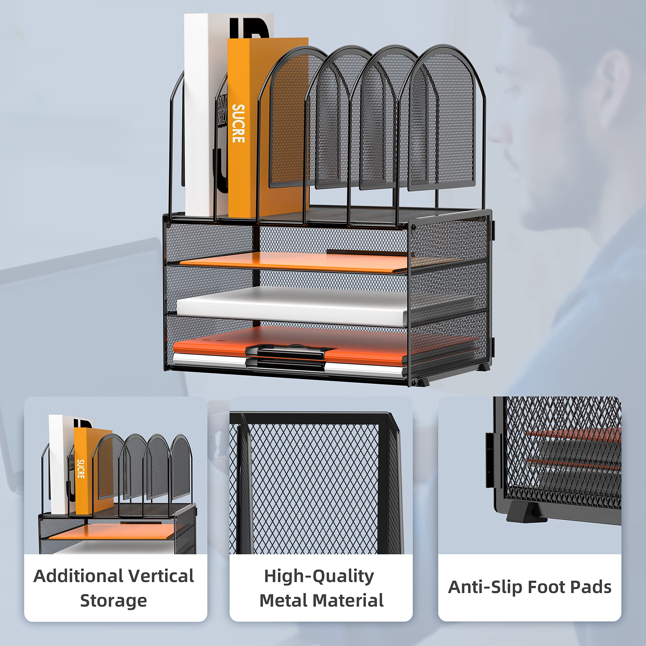 DALTACK 3-Tier Mesh Desk File Organizer, Stackable Letter Tray with 5 Vertical File Holders, Multifunction Desktop Organizer for Home Office Supplies, Grey Black