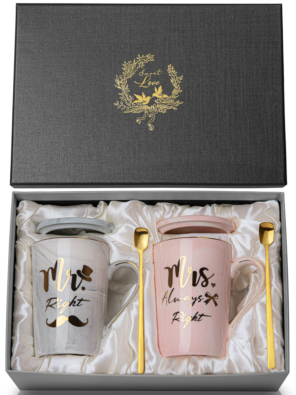 Mr Right and Mrs Always Right Couples Mugs Gifts Set for Wedding, Engagement, Newlyweds Anniversary, Bridal Shower, 14oz Ceramic Marble Mugs with Golden Pattern, Microwave, Dishwasher Safe
