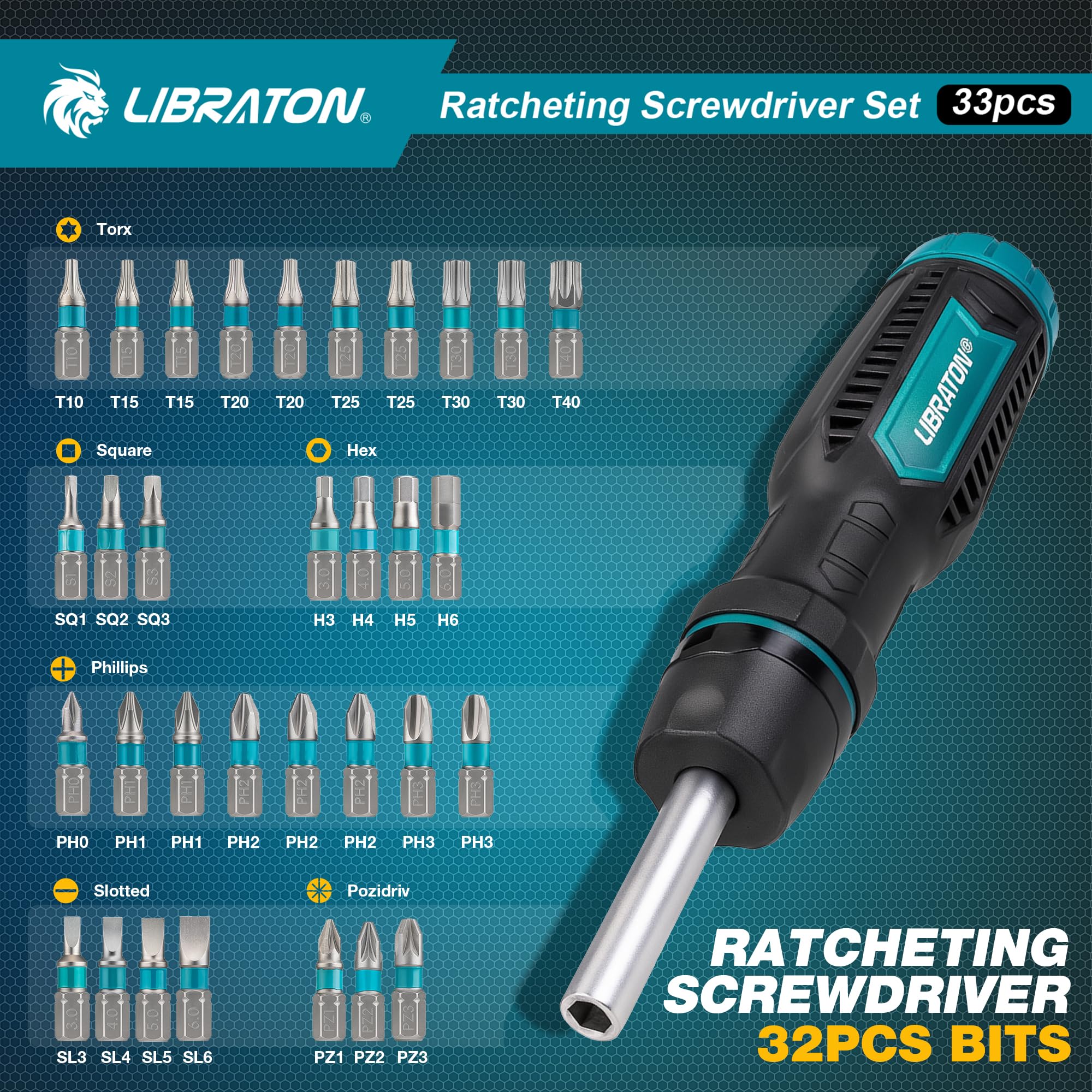 LIBRATON Ratcheting Screwdriver Set, Multi-bit Screwdriver Tool, 33-in-1 Magnetic Ratchet Screw Driver, Slotted/Philips/Pozi/Torx/Hex/Square Bits, Ergonomic Handle for Home, Auto & DIY