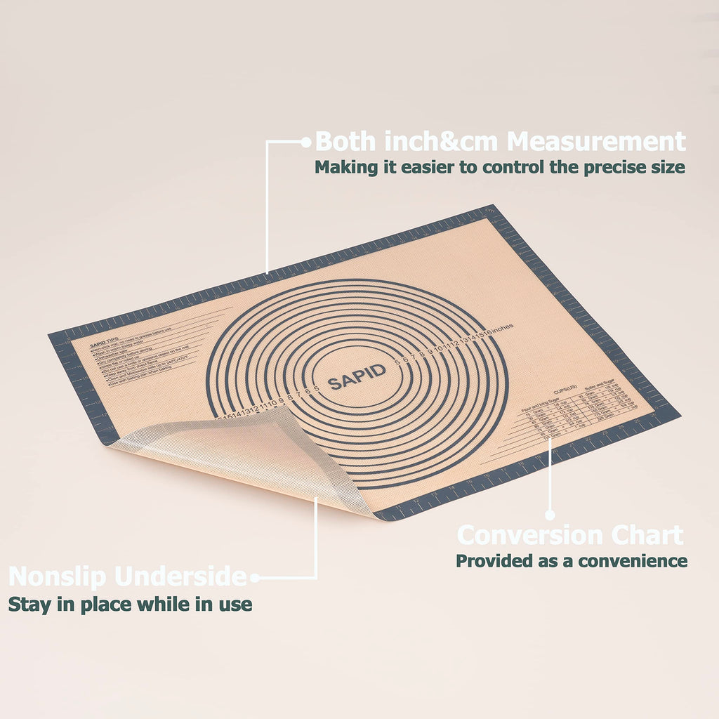 Sapid Extra Thick Silicone Pastry Mat Non-slip with Measurements for Non-stick Silicone Baking Mat Extra Large, Dough Rolling, Pie Crust, Kneading Mats, Countertop, Placement Mats (20 inch x 28 inch ,Gray)