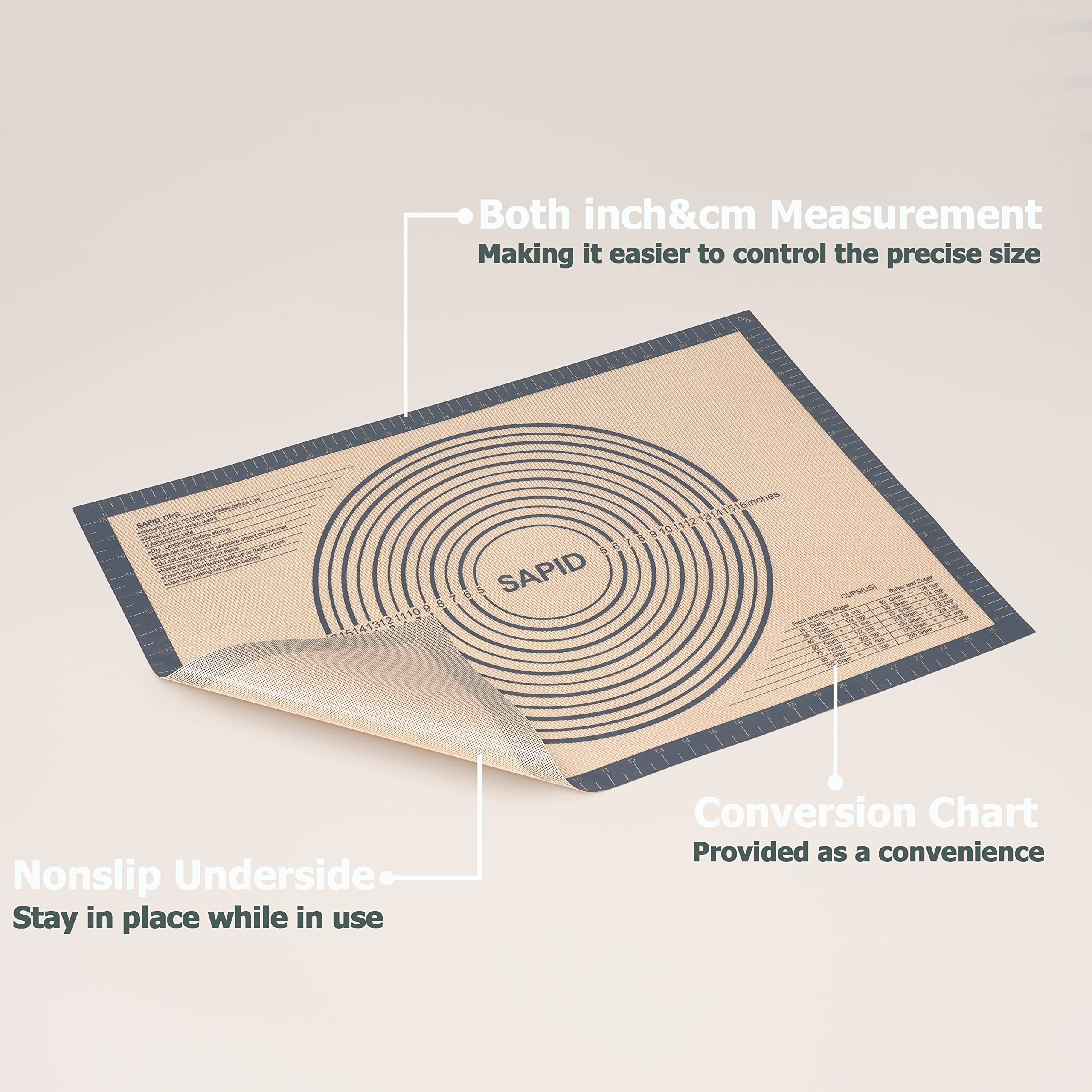 Sapid Extra Thick Silicone Pastry Mat Non-slip with Measurements for Non-stick Silicone Baking Mat Extra Large, Dough Rolling, Pie Crust, Kneading Mats, Countertop, Placement Mats (20 inch x 28 inch ,Gray)
