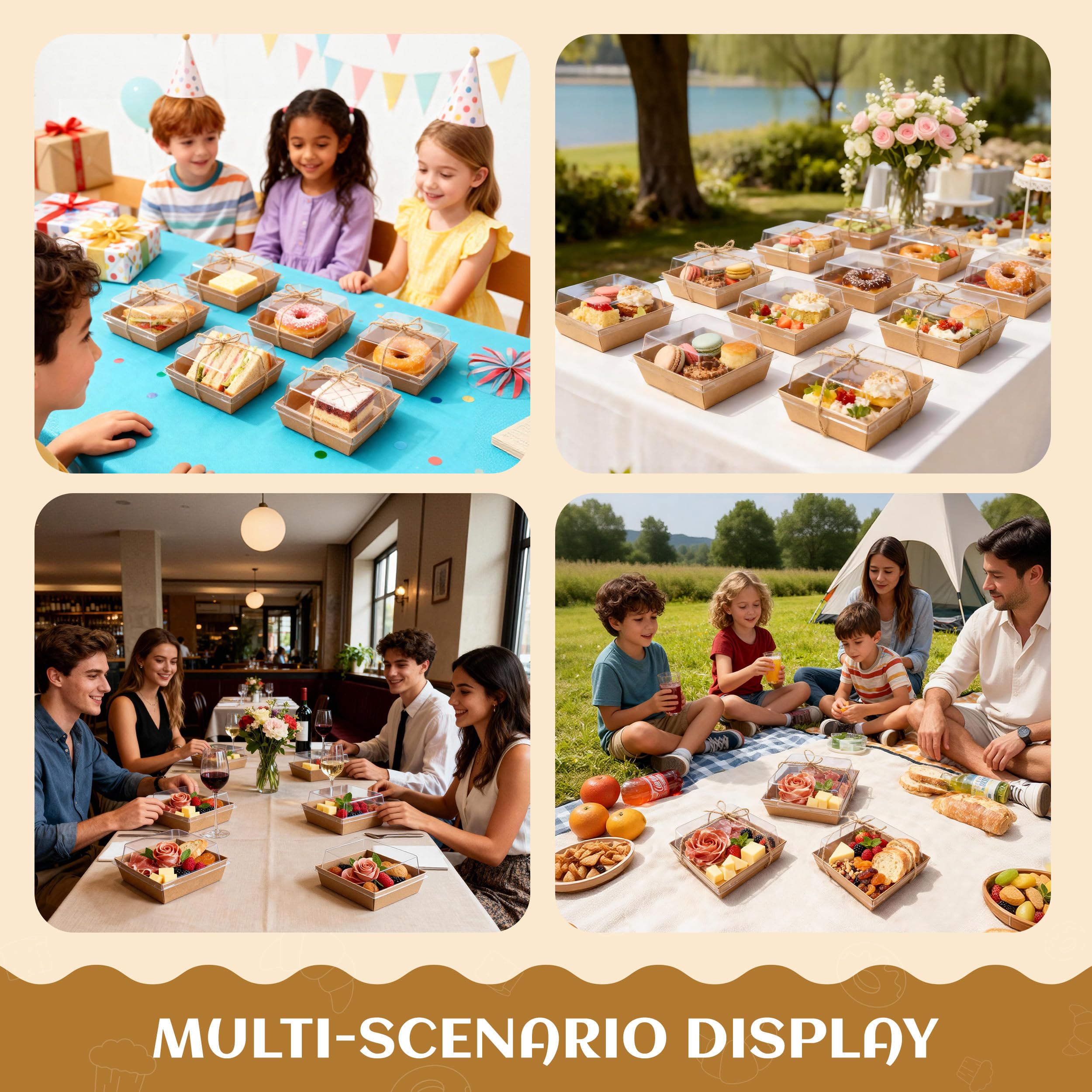 Charcuterie Boxes with Clear Lids Mini Bakery Boxes Disposable Treat Boxes to Go Small Food Containers for Dessert Cookie Sandwich Cake 5.3x4.9x2.5INCH(50 Pack, Brown)