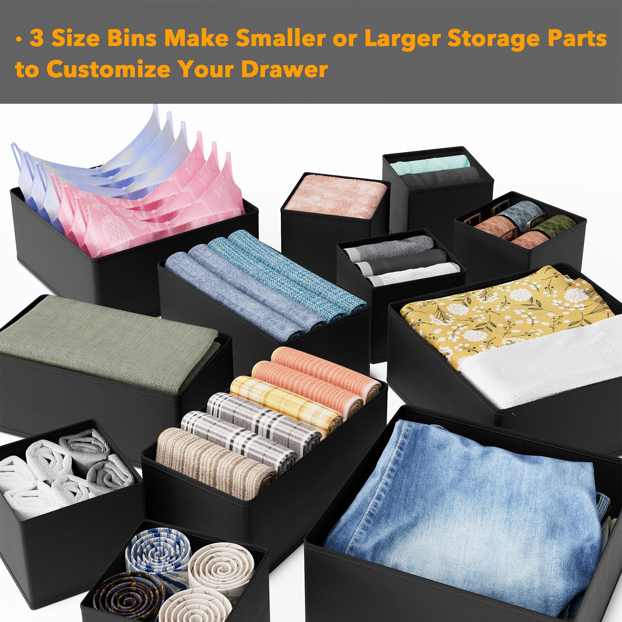 SpaceAid Drawer Organizer for Clothes, 12 Pack Dresser Drawer Organizer Bins, Closet Organizers and Storage Dividers for Clothing, Underwears, Socks (Black)