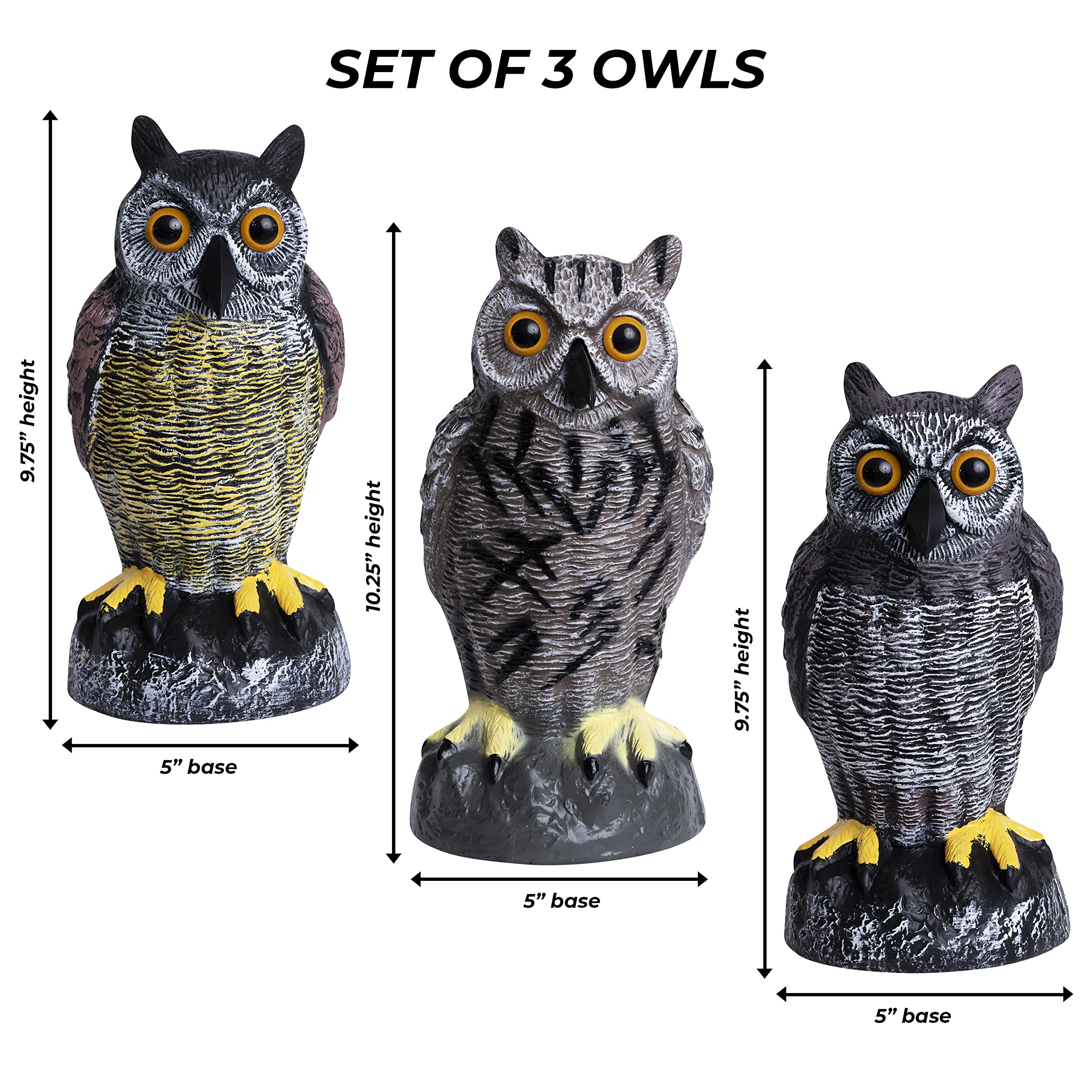 Galashield Owl Decoys to Scare Birds Away Plastic Owl Statue for Garden and Outdoors (Set of 3)