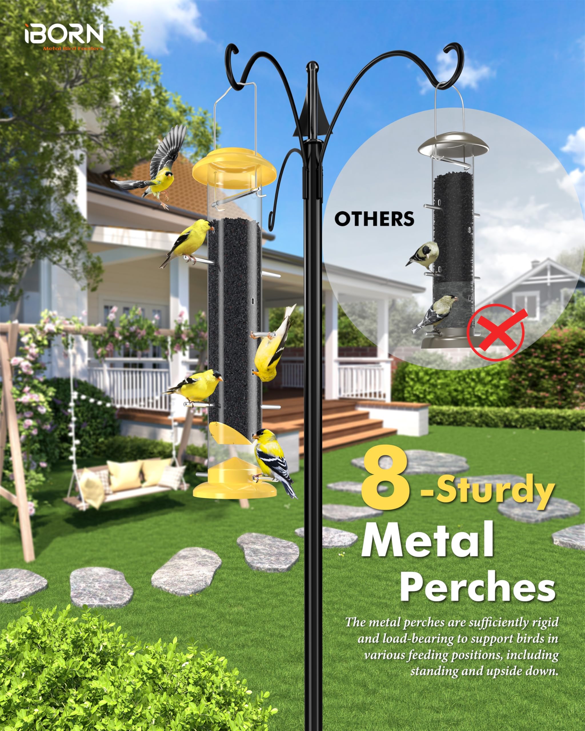 iBorn Nyjer & Thistle Bird Feeder for Outdoors Hanging，Finch Feeders for Outside，Metal Tube Bird Feeder 14 Inch with 12 Small Ports,8 Metal Perches,Yellow