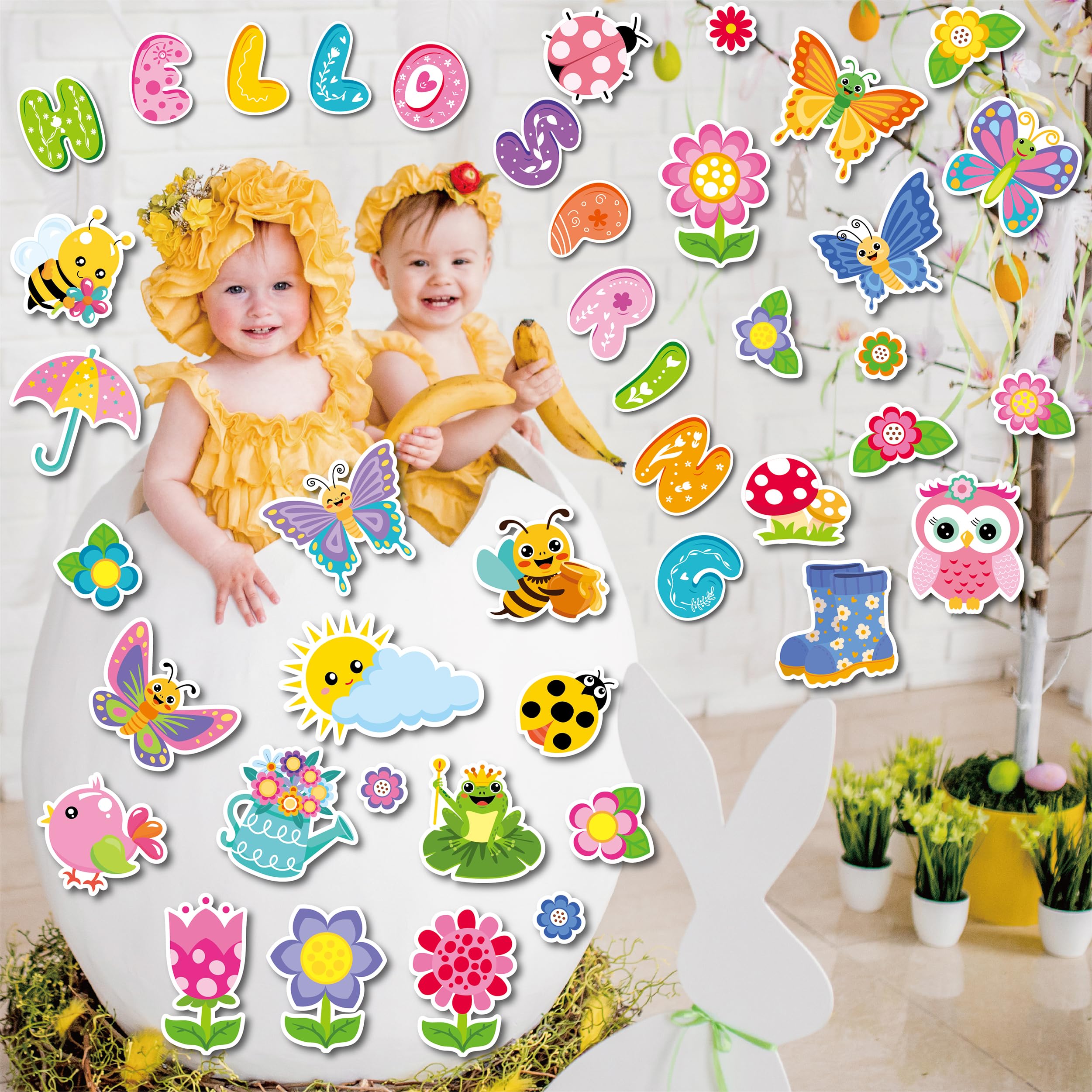 70 Pcs Hello Spring Bulletin Board Decorations - Colorful Hello Spring Cut-Outs Cute Flower Butterfly Bird Bee Bulletin Border Wall Decals for Kids DIY Craft School Classroom Decor