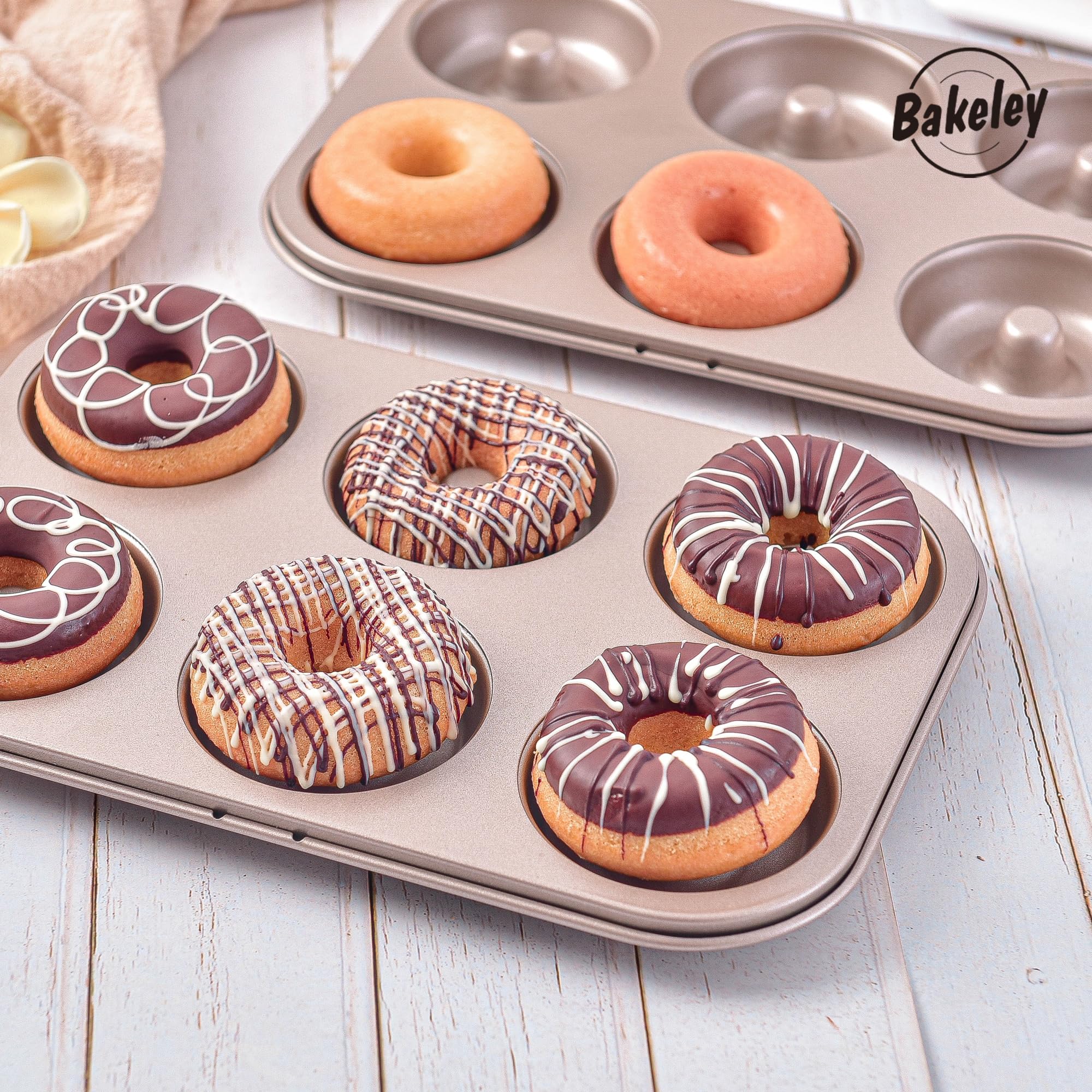 Bakeley Donut Pan Set of 2 Nonstick 6 Cavity Doughnut Pan Carbon Steel Bagels Tray for Baking (Champagne Gold)