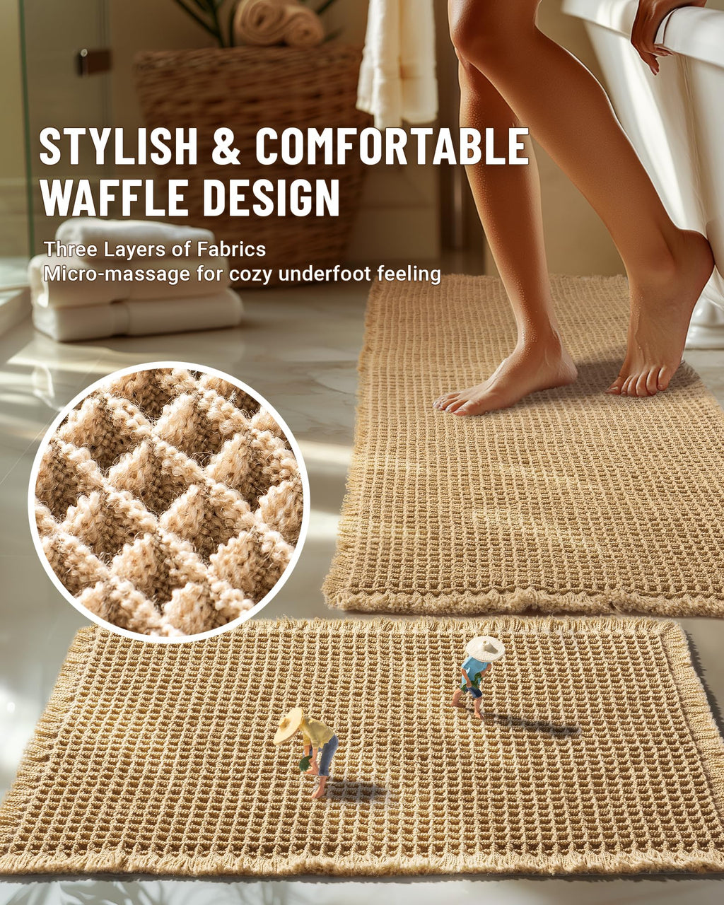 Large Waffle Bath Mat Set of 2, Non Slip Bathroom Mat Set, Ultra Absorbent Bath Mats for Bathroom Decor, Extra Soft Boho Bathroom Rugs Set, 2 Washable Bathroom Floor Mats, 20"×47" and 16"×24", Brown