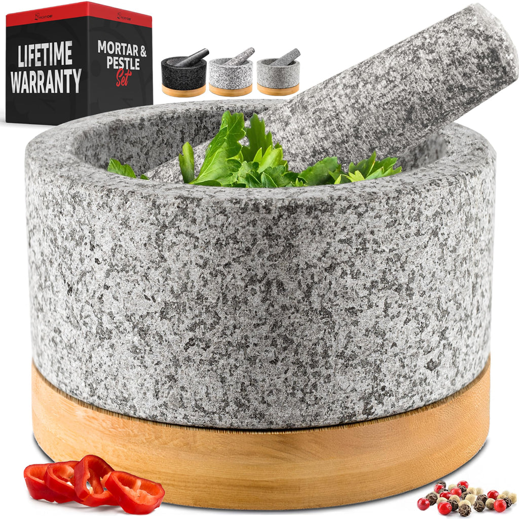Heavy Duty Mortar and Pestle Set with Bamboo Base, Large 2 Cups, 100% Natural Granite Mortar and Pestle Large Stone Grinder Bowl, Molcajete Bowl, Masher Guacamole Bowls, Unpolished Grey