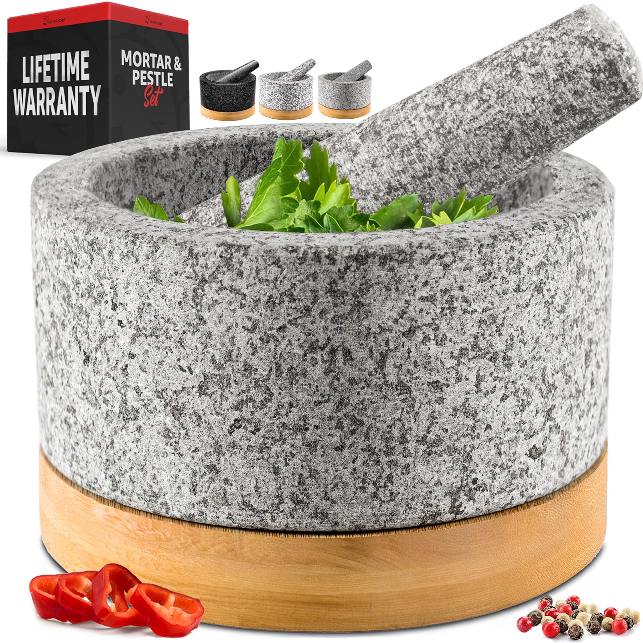 Heavy Duty Mortar and Pestle Set with Bamboo Base, Large 2 Cups, 100% Natural Granite Mortar and Pestle Large Stone Grinder Bowl, Molcajete Bowl, Masher Guacamole Bowls, Unpolished Grey