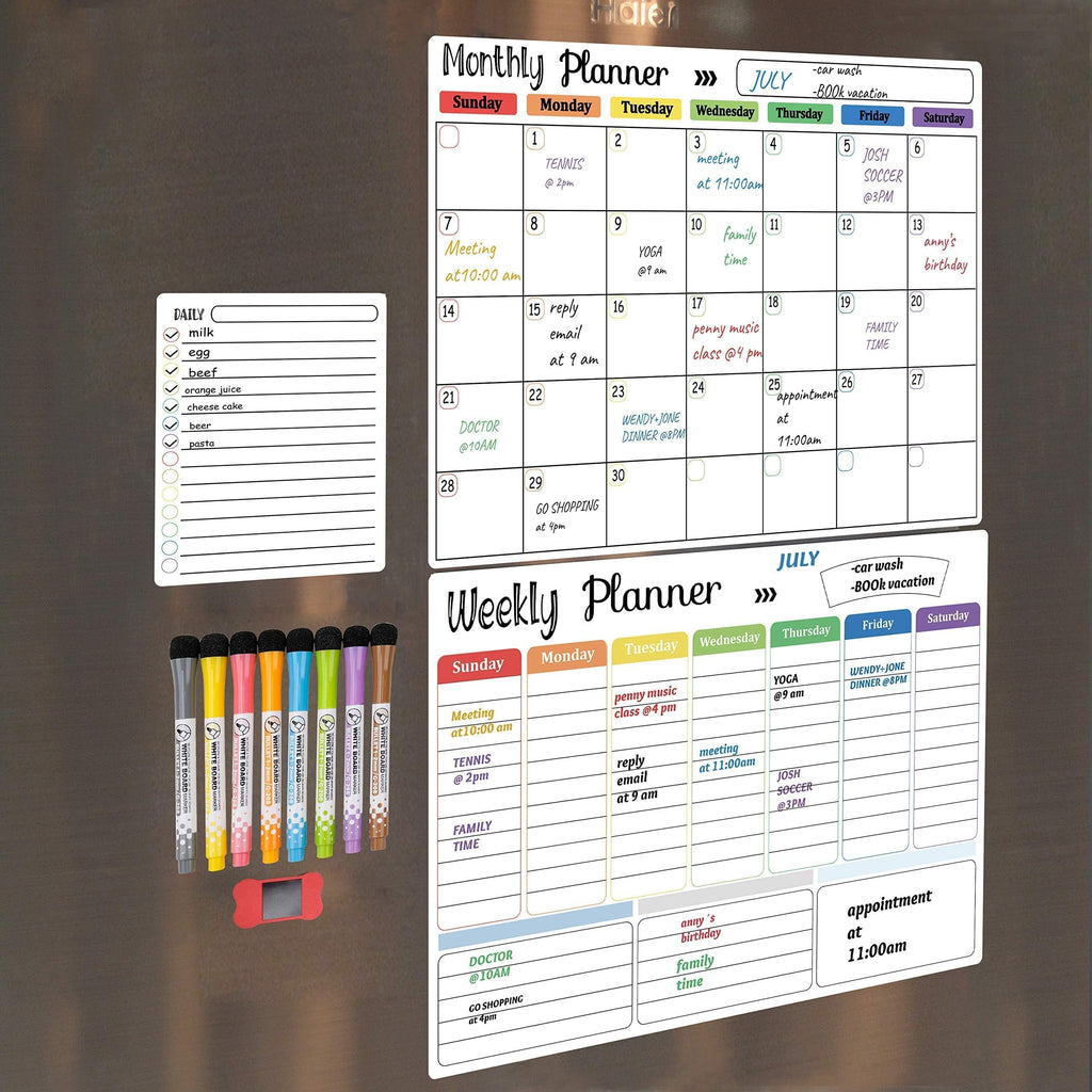 Hivillexun Magnetic Dry Erase Calendar Whiteboard Set (3-Pack) for Fridge, Wall, and Home Organization with Monthly, Weekly & Daily Planners, Includes 8 Markers & 1 Eraser