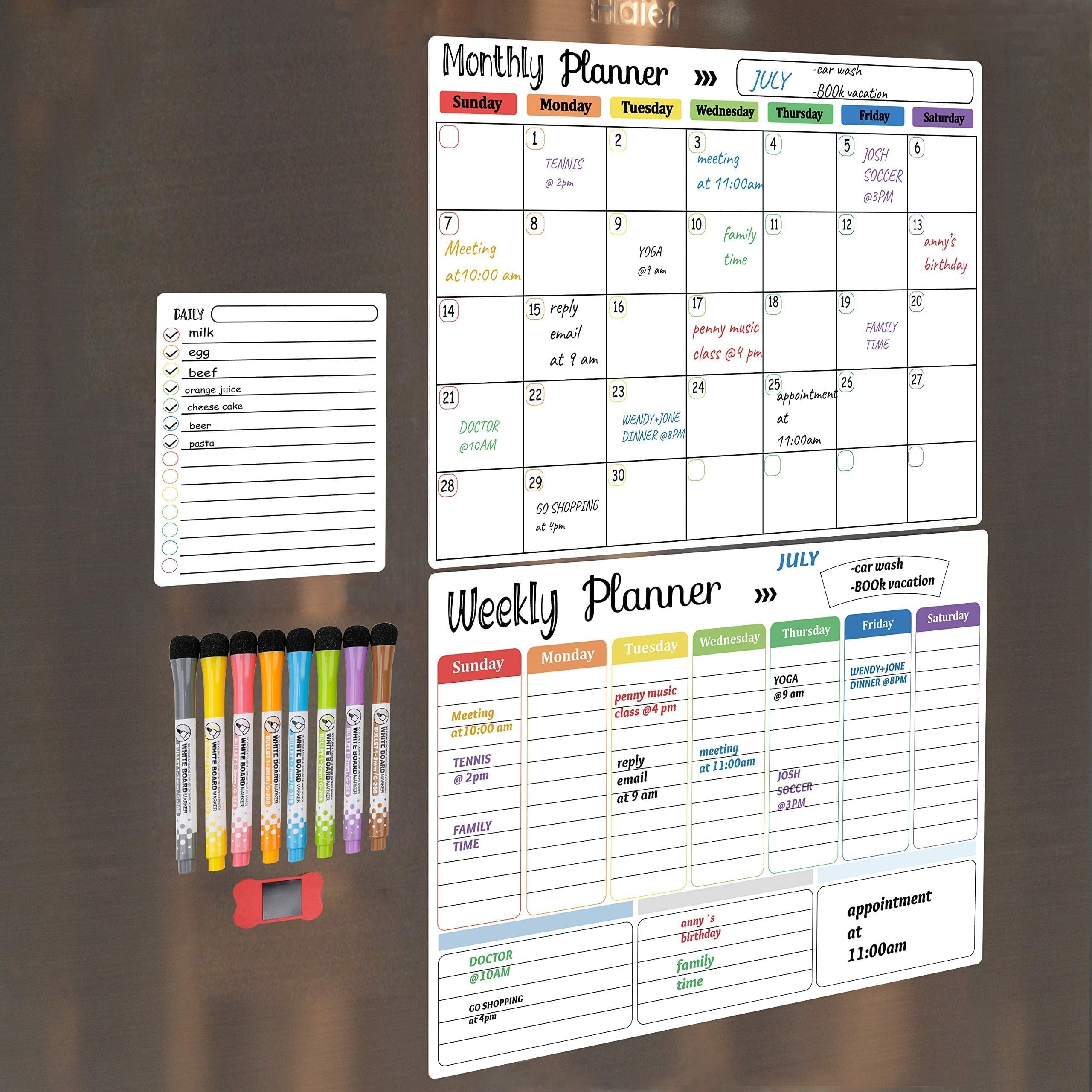 Hivillexun Magnetic Dry Erase Calendar Whiteboard Set (3-Pack) for Fridge, Wall, and Home Organization with Monthly, Weekly & Daily Planners, Includes 8 Markers & 1 Eraser