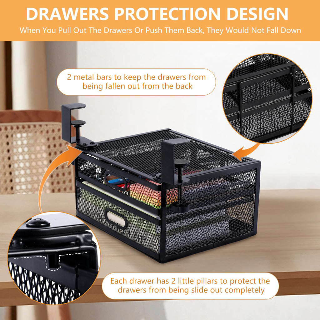 ROLIZOE Under Desk Drawer Organizer Clamp On with 2 Drawers Slide Out No Drilling Mesh Metal Drawer On Desktop Or Under Desk Storage Easy Install Anti-Slip Under Shelf Storage for Home & Office