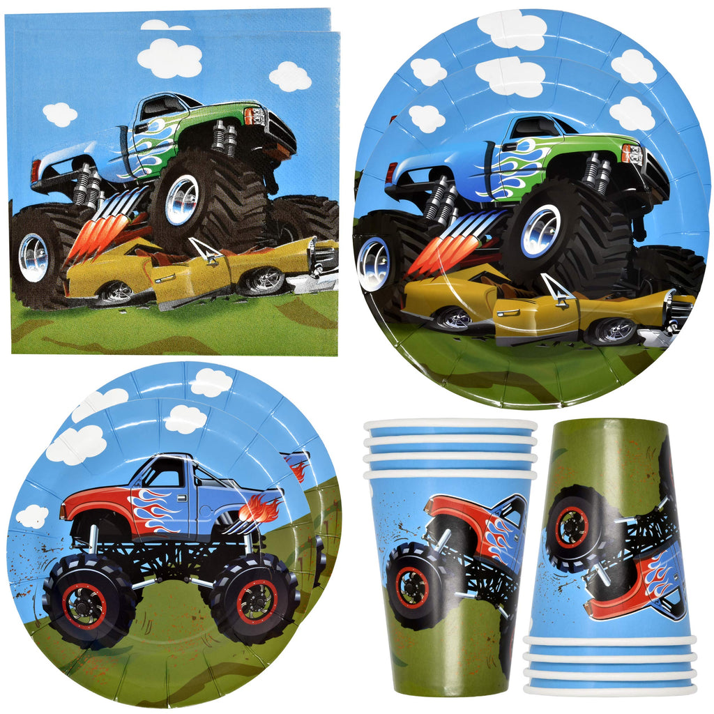 Monster Truck Party Supplies Tableware Set 24 9" Paper Plates 24 7" Dessert Plate 24 9 Oz Cups 50 Lunch Napkins for Monster Jam Racing Car Grave Digger Monsters Trucks Disposable Birthday Decorations