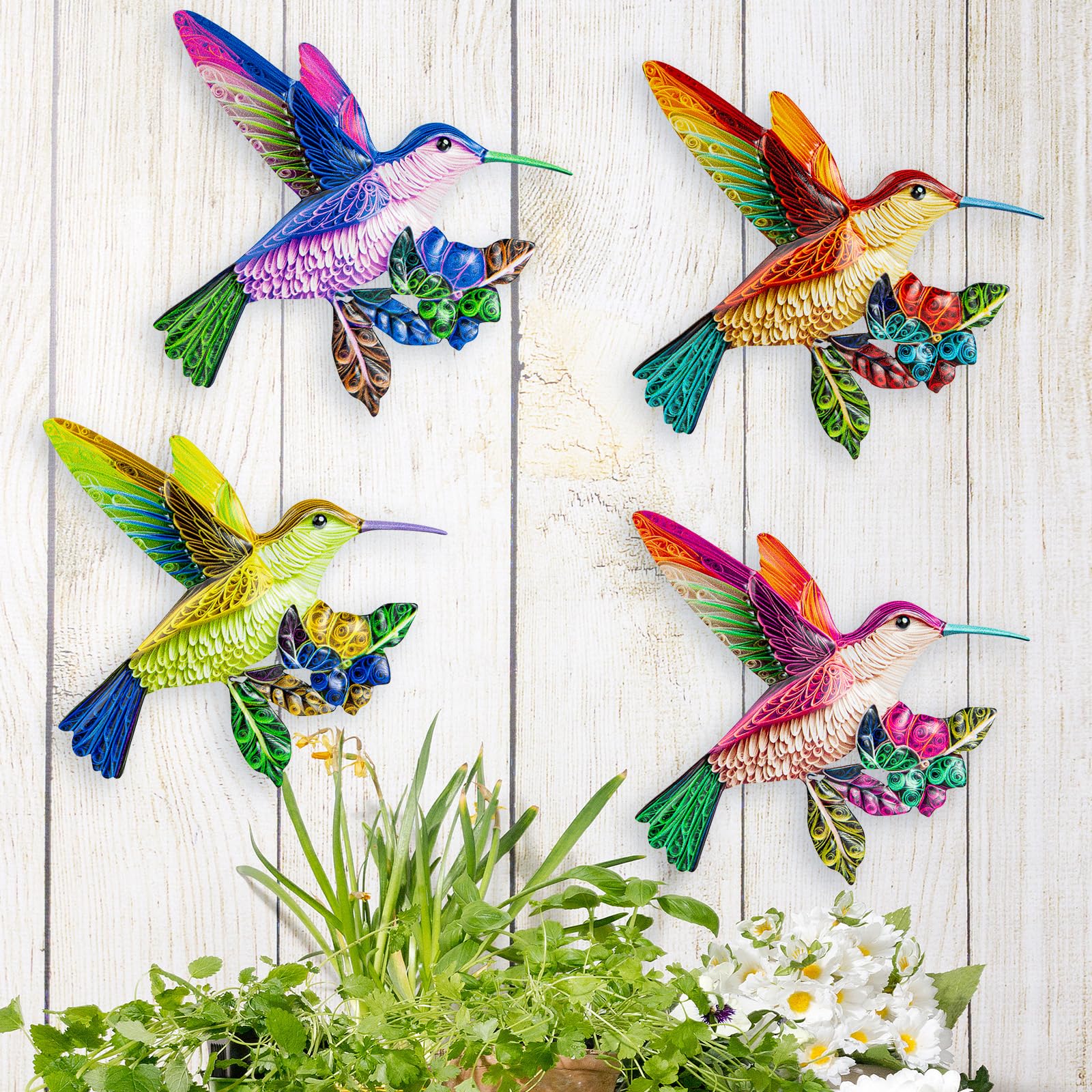 4 Pack Metal Hummingbird Wall Art, Hanging Birds Outdoor Fence Decorations for Garden Patio Yard Living Room Door Balcony