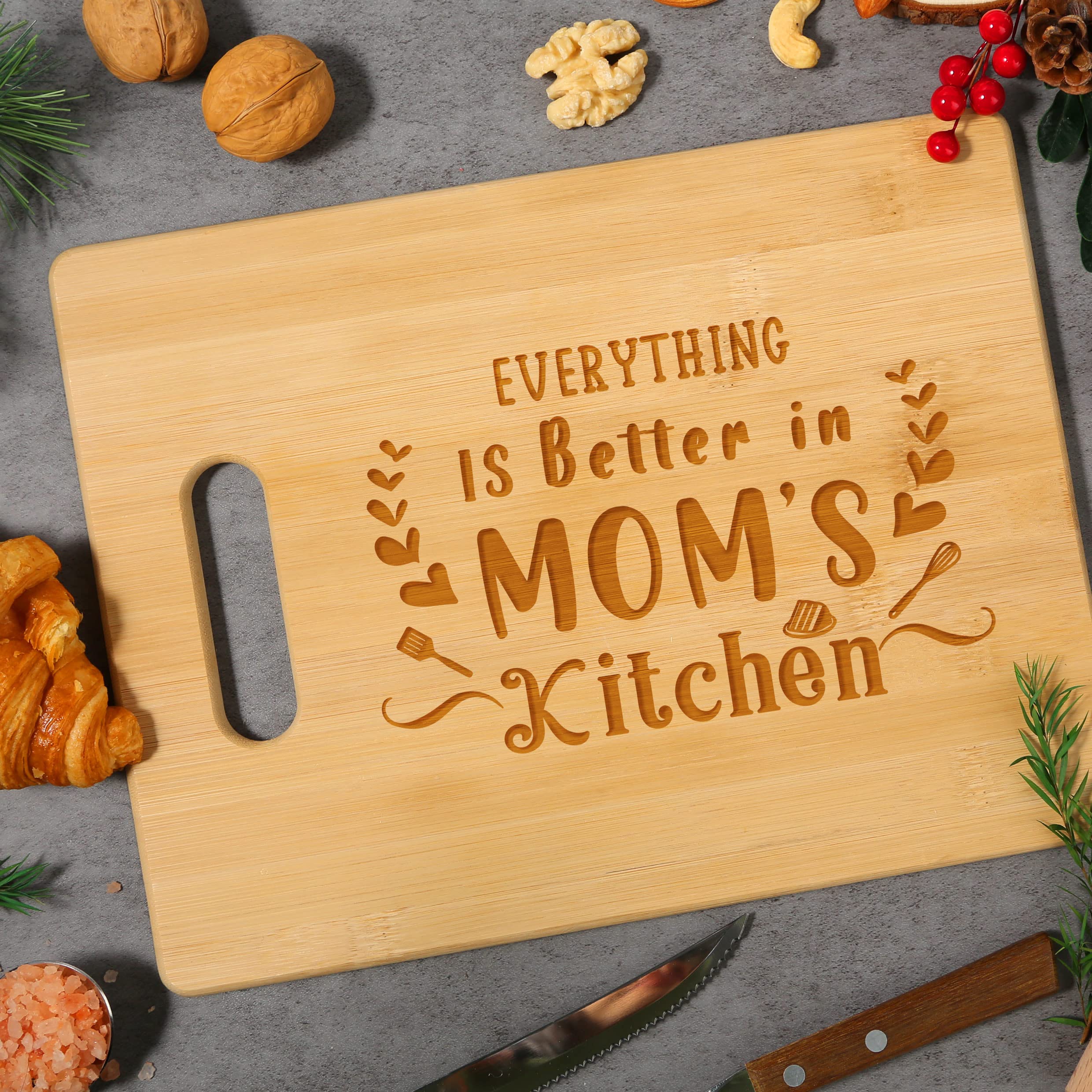 Pandasch Gifts for Mom, Mom Birthday Gifts from Daughters Son, Unique 11x8.5inch Engraved Bamboo Cutting Board for Birthday Christmas, Best Presents for Mother