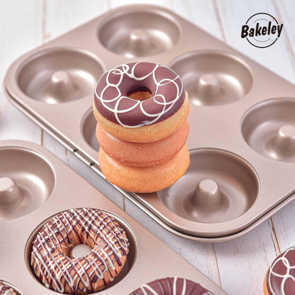 Bakeley Donut Pan Set of 2 Nonstick 6 Cavity Doughnut Pan Carbon Steel Bagels Tray for Baking (Champagne Gold)