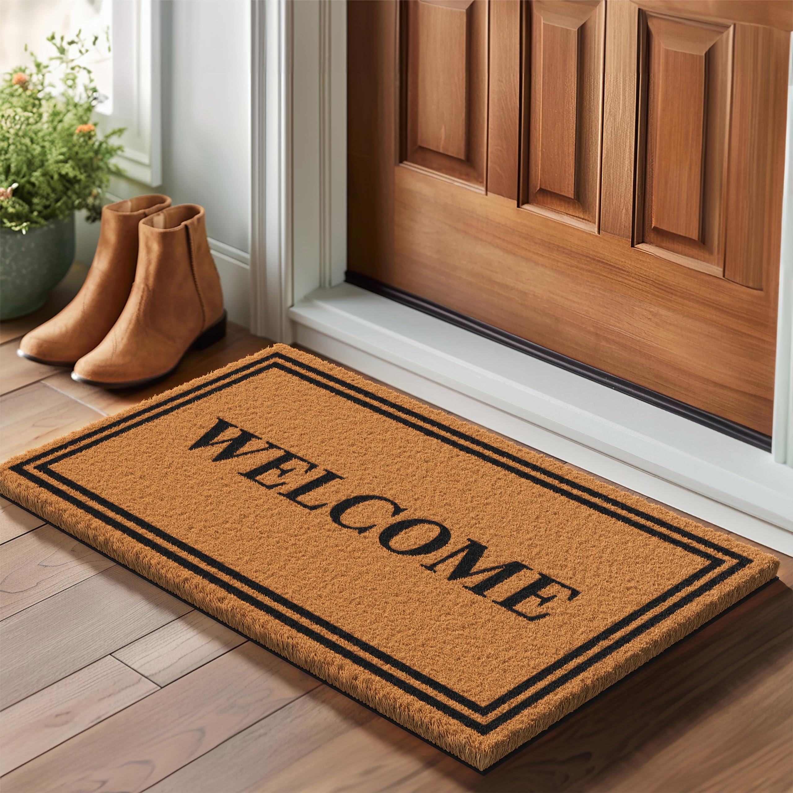 Barnyard Designs Natural Coco Coir Heavy Duty Backing Doormat - Large Cute Non-Slip Front Door Welcome Mat for Outside Entrance or Porch Entry, Brown (43 x 76cm, Welcome)
