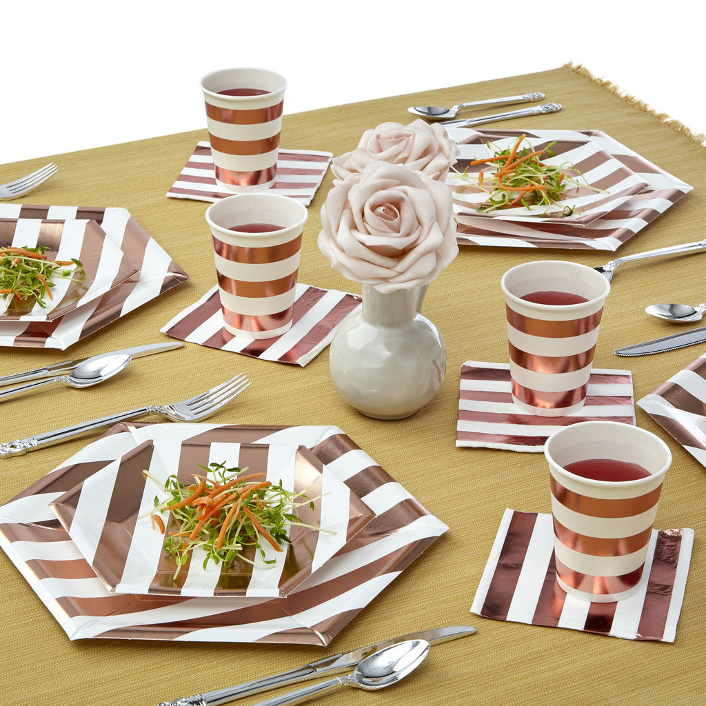 SILVER SPOONS Party Disposable Decorative HOT Cups | 9 oz | Metallic Rose Gold Stripe | for Upscale Parties and Events | 24 pc