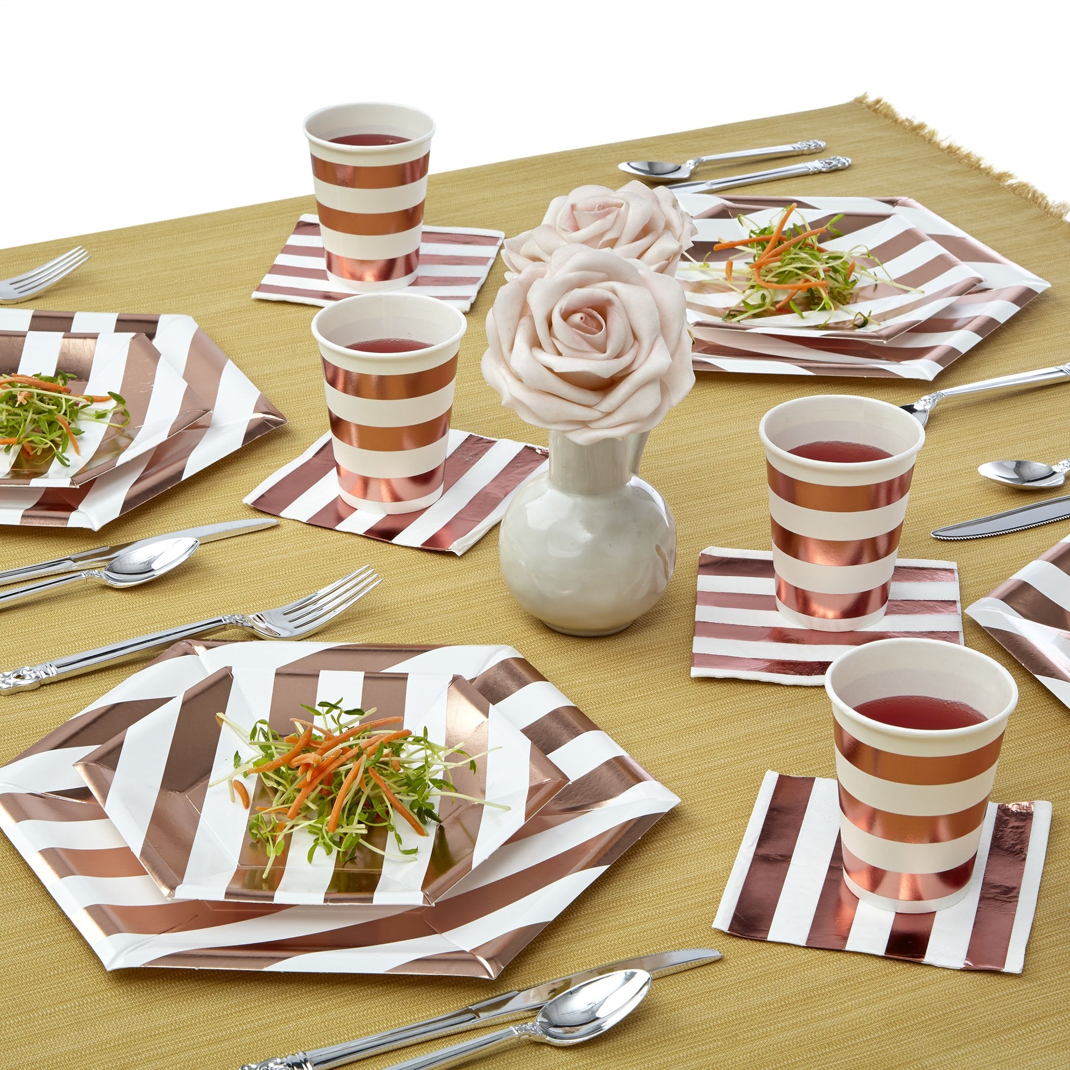 SILVER SPOONS Party Disposable Decorative HOT Cups | 9 oz | Metallic Rose Gold Stripe | for Upscale Parties and Events | 24 pc