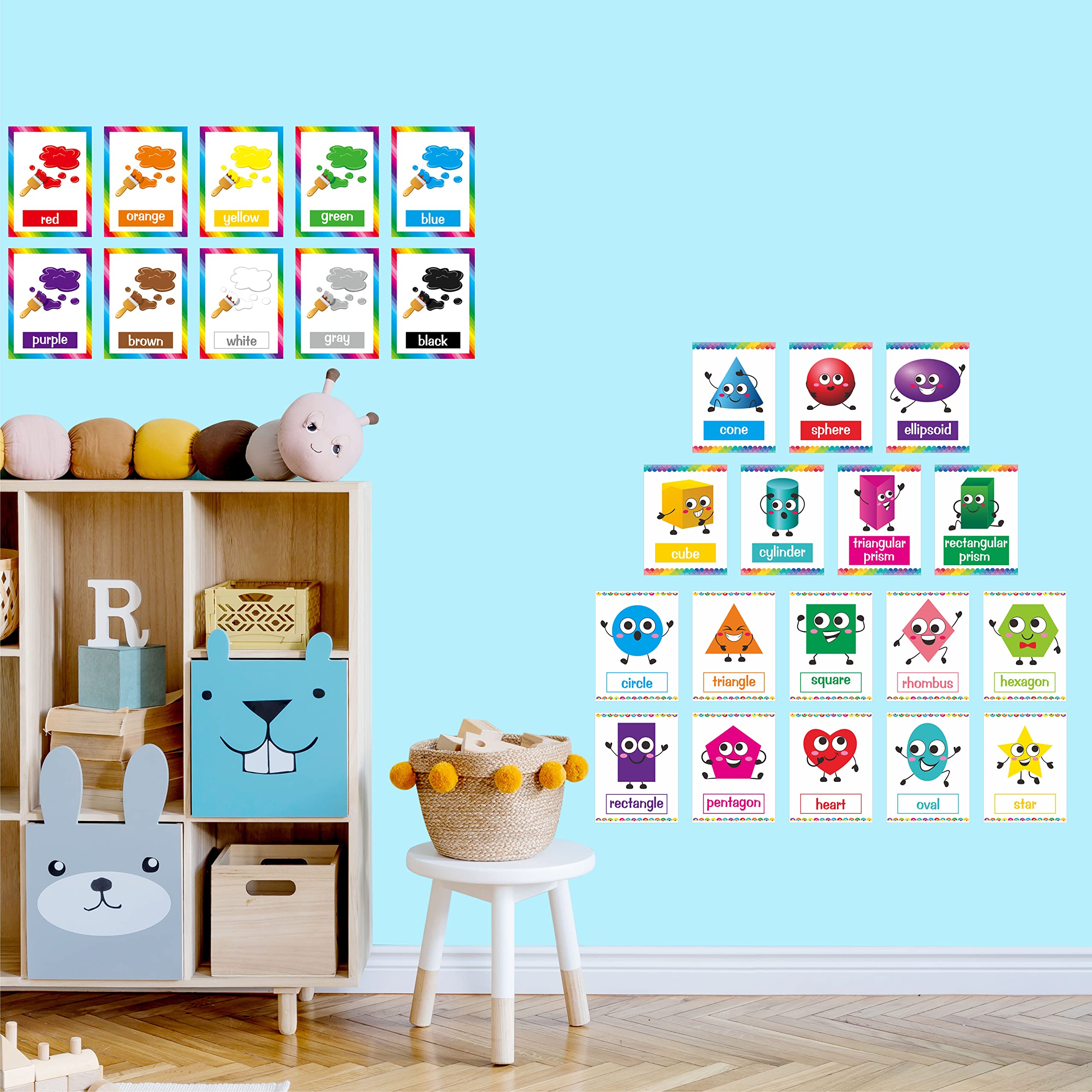 64 PCS Educational Cards, Laminated Water/Tear Proof Preschool Learning Posters Include Alphabet Numbers Colors & 2D/3D Shapes, Kindergarten Preschool Early Education Cards Home Classroom Decorations