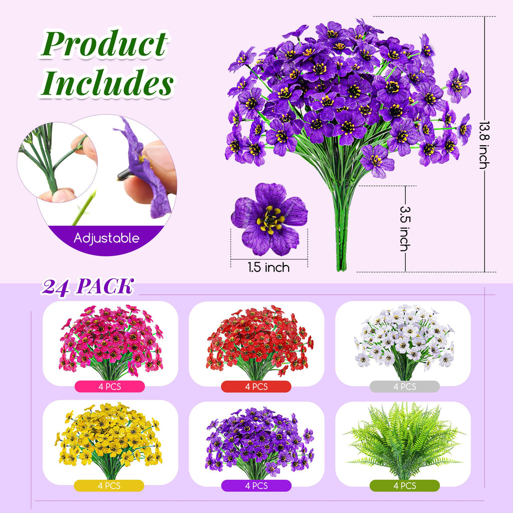 Der Rose 24 Bundles Artificial Flowers for Outdoors Decoration Faux Ferns Fake Flowers for Spring Summer Home Garden Patio Front Porch Decor