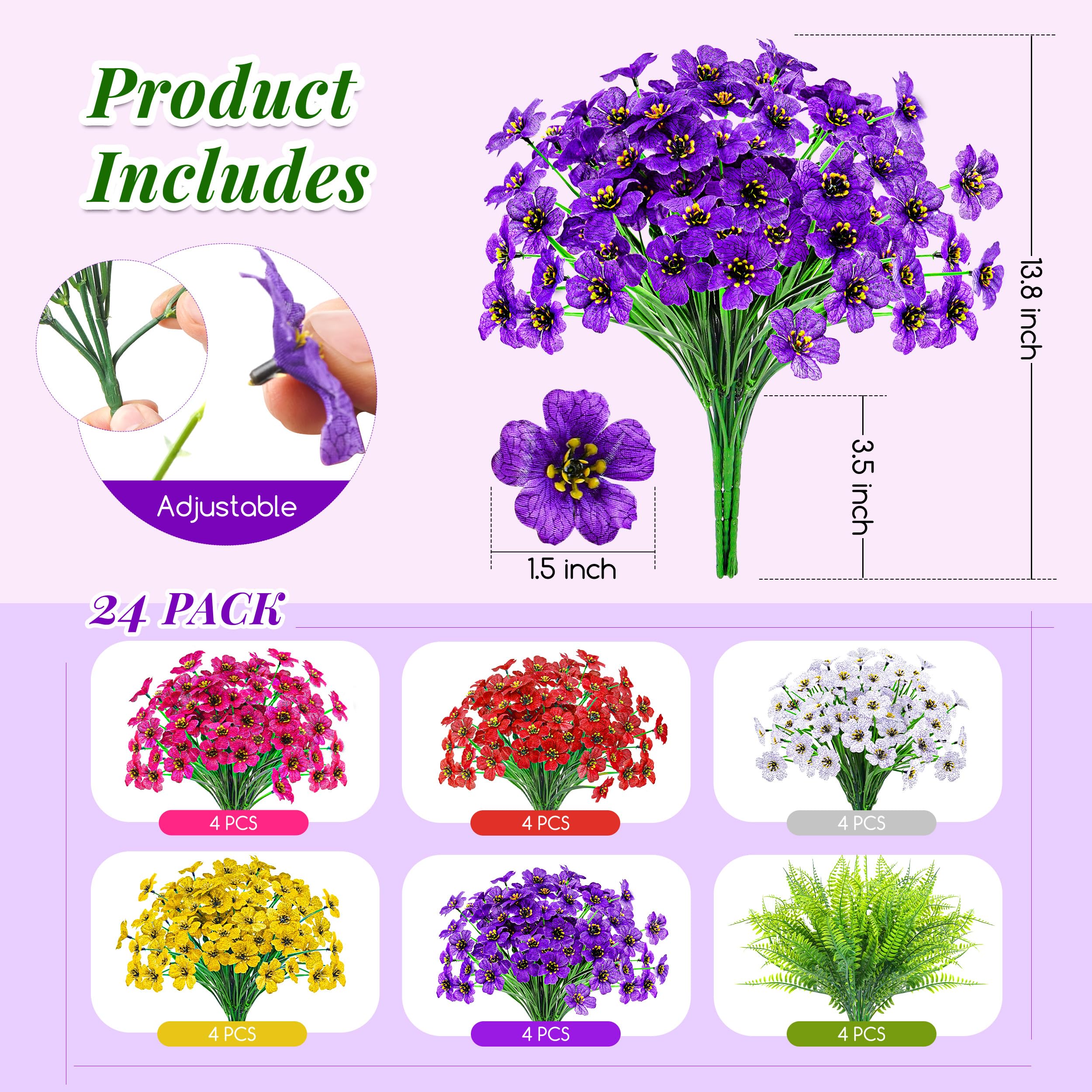 Der Rose 24 Bundles Artificial Flowers for Outdoors Decoration Faux Ferns Fake Flowers for Spring Summer Home Garden Patio Front Porch Decor
