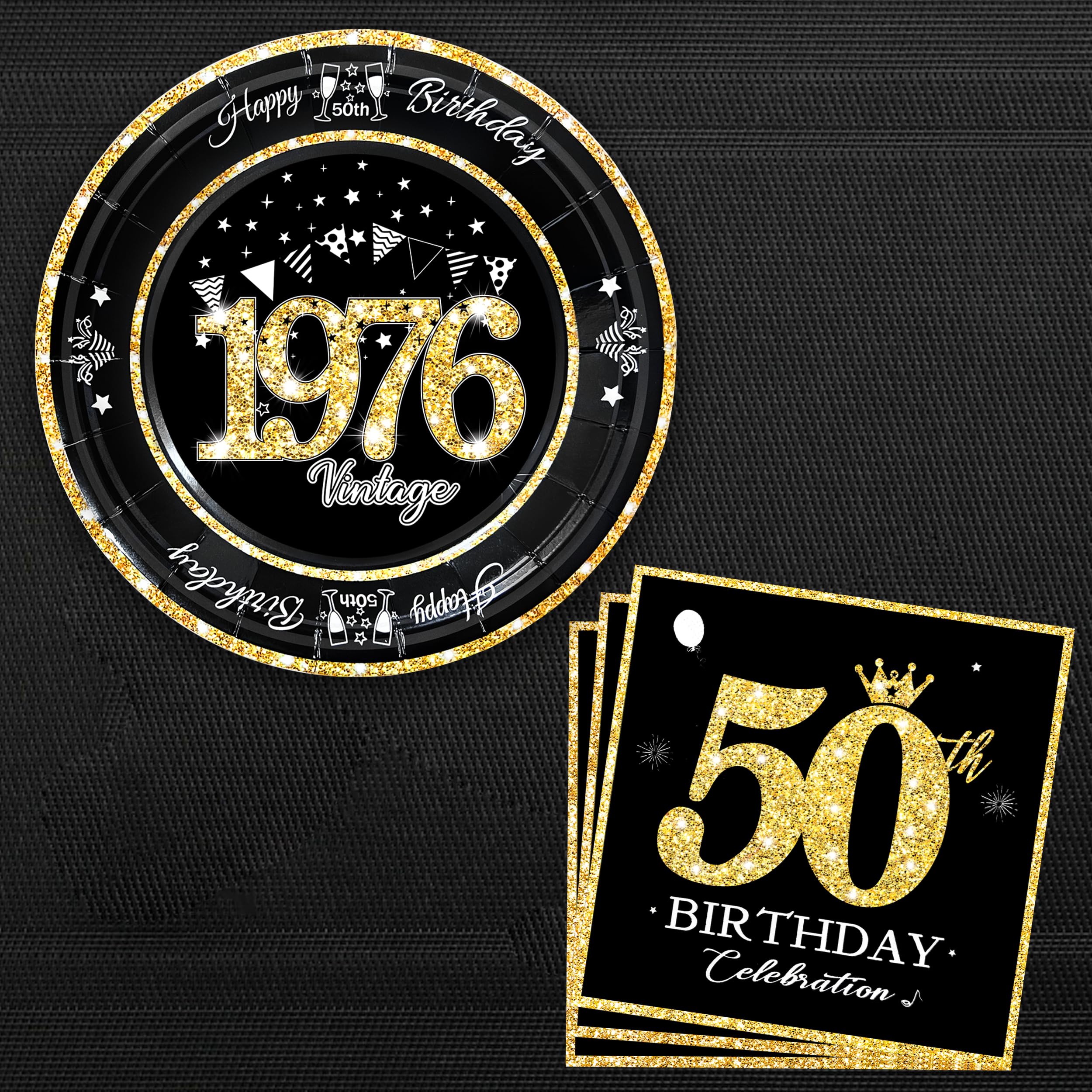 algpty 60 PCS Vintage 50th Birthday Plates and Napkins Set, 50th Birthday Decorations Black and Gold, Service for 30, 1976 Dessert Plates and Napkins Party Supplies for Men Women