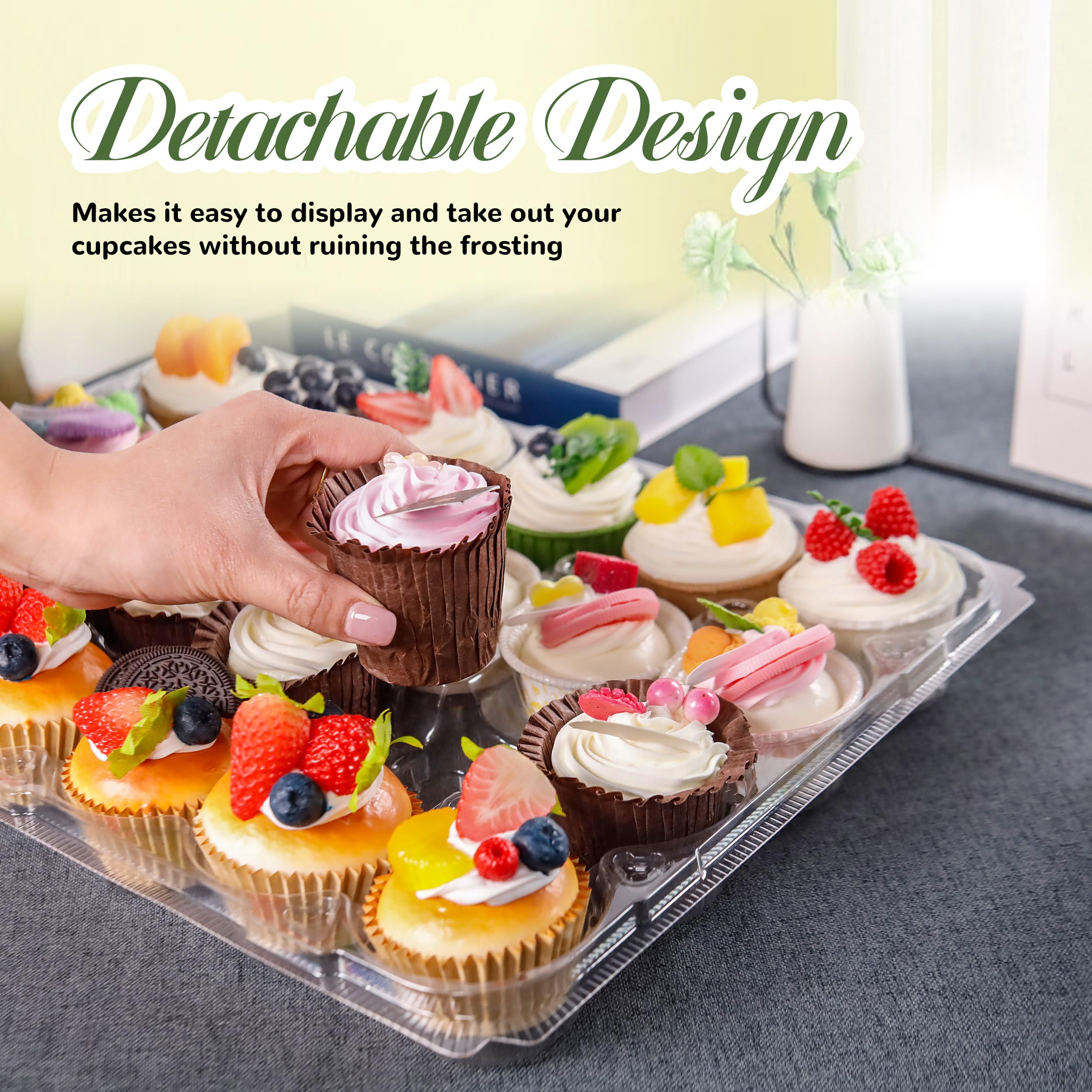 NPLUX 24 Count Cupcake Containers 10 Pack Cupcake Holders Plastic Stackable Cupcake Boxes with Detachable Tall Dome Lids and 240 Liners for 240 Cupcakes, BPA Free, Standard Size