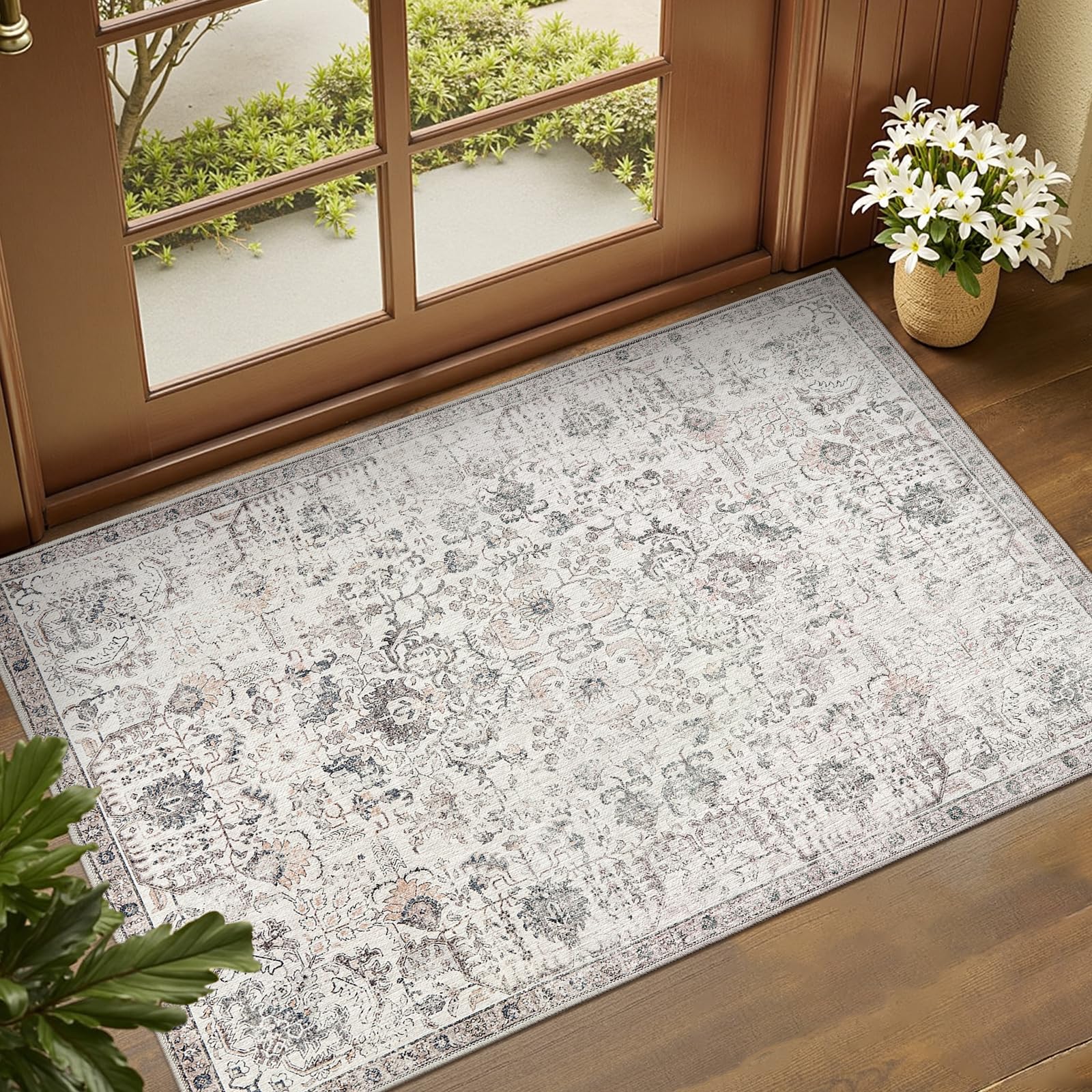 JINCHAN Area Rug 2x3 Entryway Rug Door Mat Vintage Indoor Entrance Flodable Washable Rug Retro Distressed Carpet Grey Multi Floral Print Gray Country Boho Rug Non Slip Doormat Bathroom Kitchen Bedroom