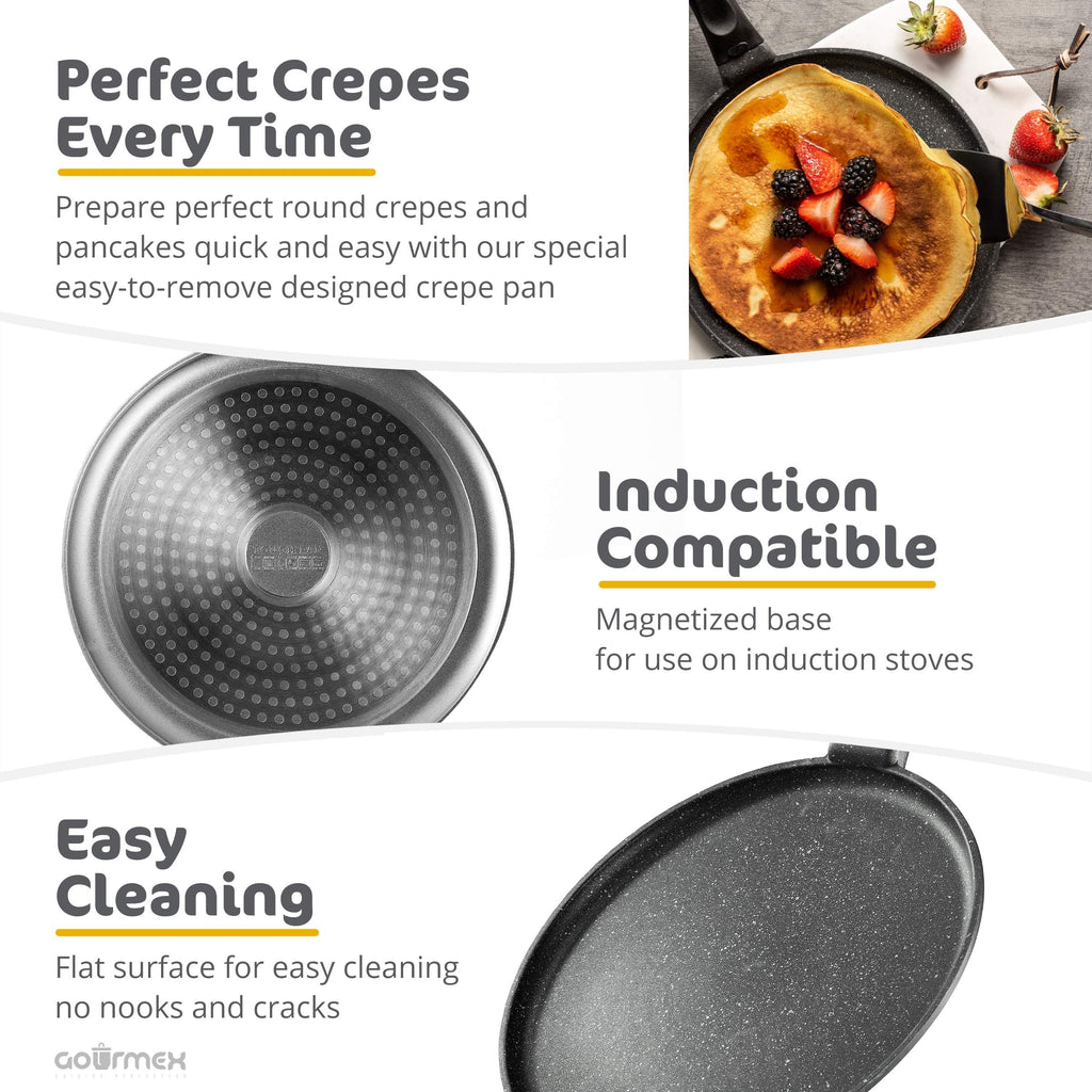 GOURMEX 26cm Induction Crepe Pan, Black, PFOA Free Nonstick Coating | Great Skillet for Omelets and Crepes | (26cm Crepe Pan)