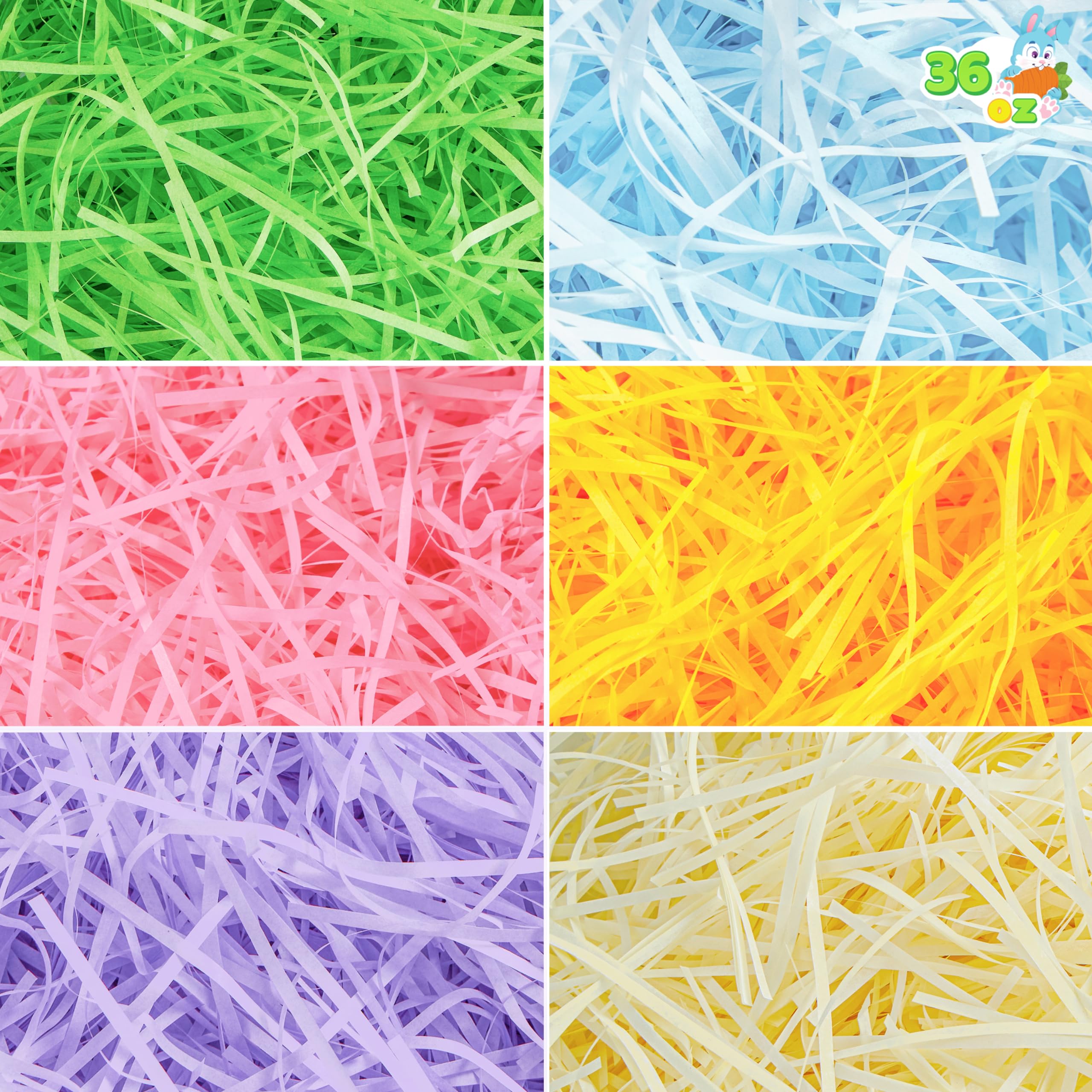 JOYIN 1000g(36oz) Multicolor Rainbow Easter Grass, Recyclable Paper Grass Shred Pastel Colors (Pink Yellow Green Purple Creamy Sky Blue), Easter Egg Hunt, Basket Stuffer Filler, Party Decor Favor