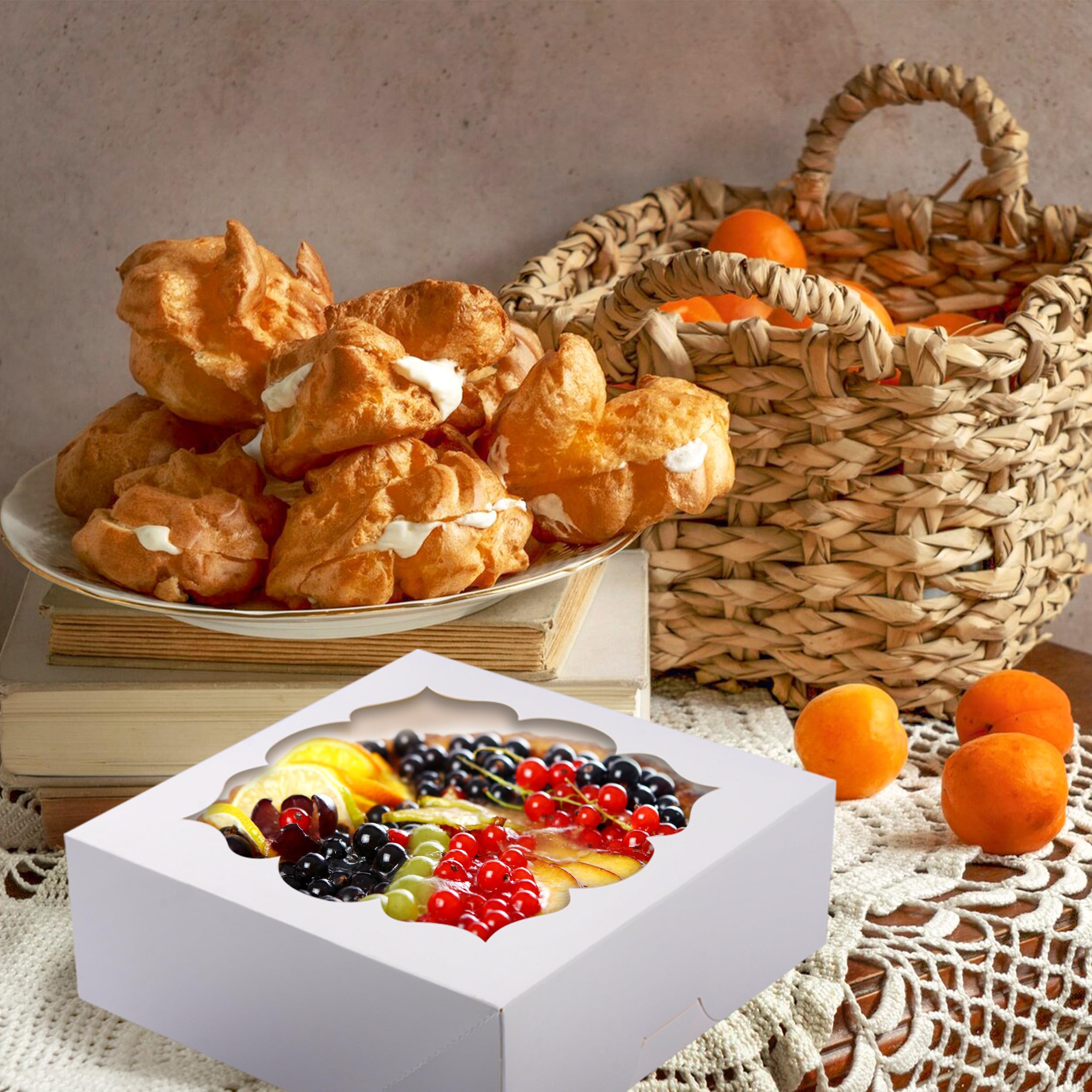 LOKQING 20 Pack Pie Boxes 9x9x3Inch Cake Boxes Bakery Boxes with Window for Pie, Cookies, Donuts, Chocolate Covered Strawberries (White)