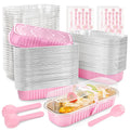 NPLUX Mini Loaf Pans with Lids and Spoons Rectangular Aluminum Foil Baking Pans Mini Cheesecake Containers 6.8oz Mothers Day Party Favors(120 Pack, Pink)