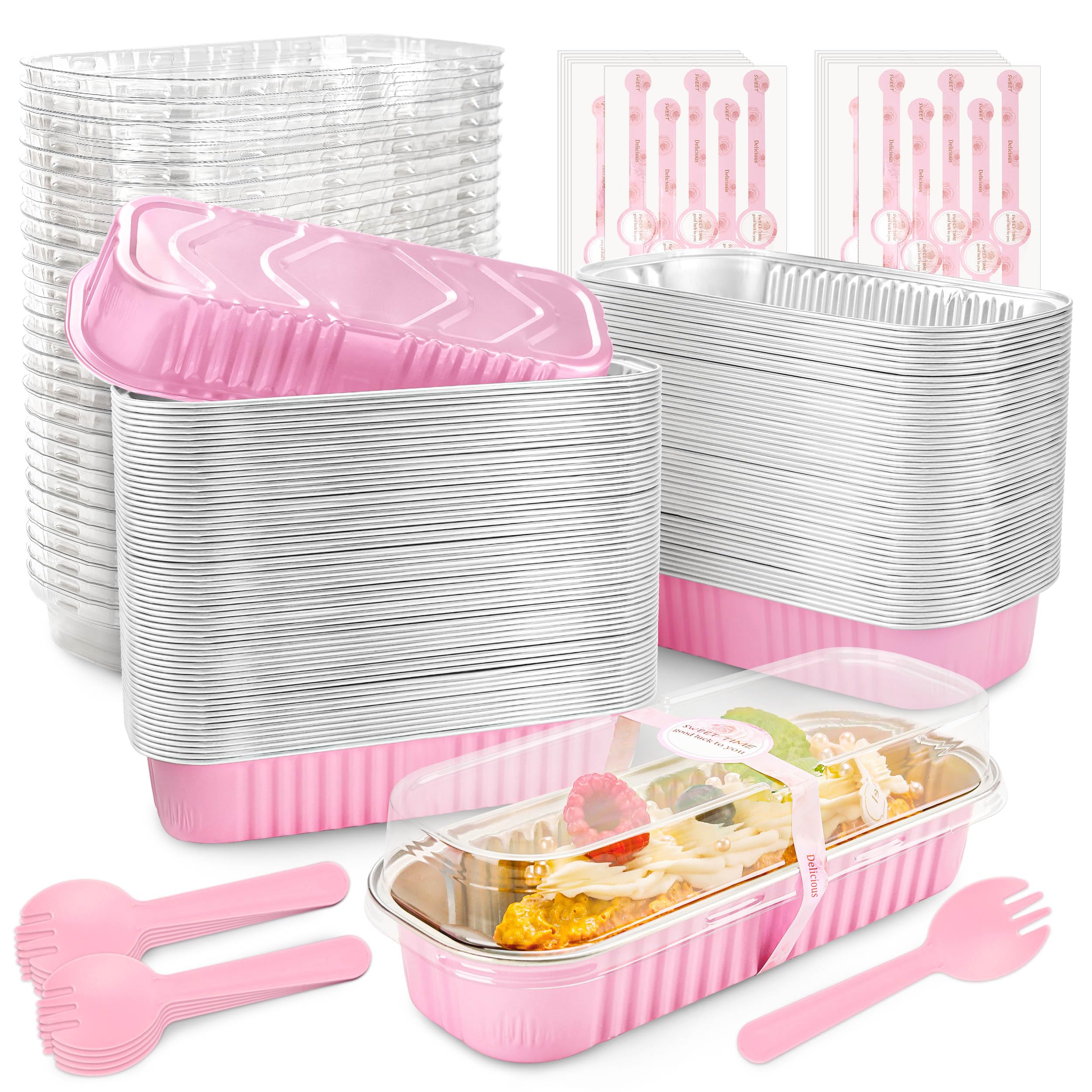 NPLUX Mini Loaf Pans with Lids and Spoons Rectangular Aluminum Foil Baking Pans Mini Cheesecake Containers 6.8oz Mothers Day Party Favors(120 Pack, Pink)