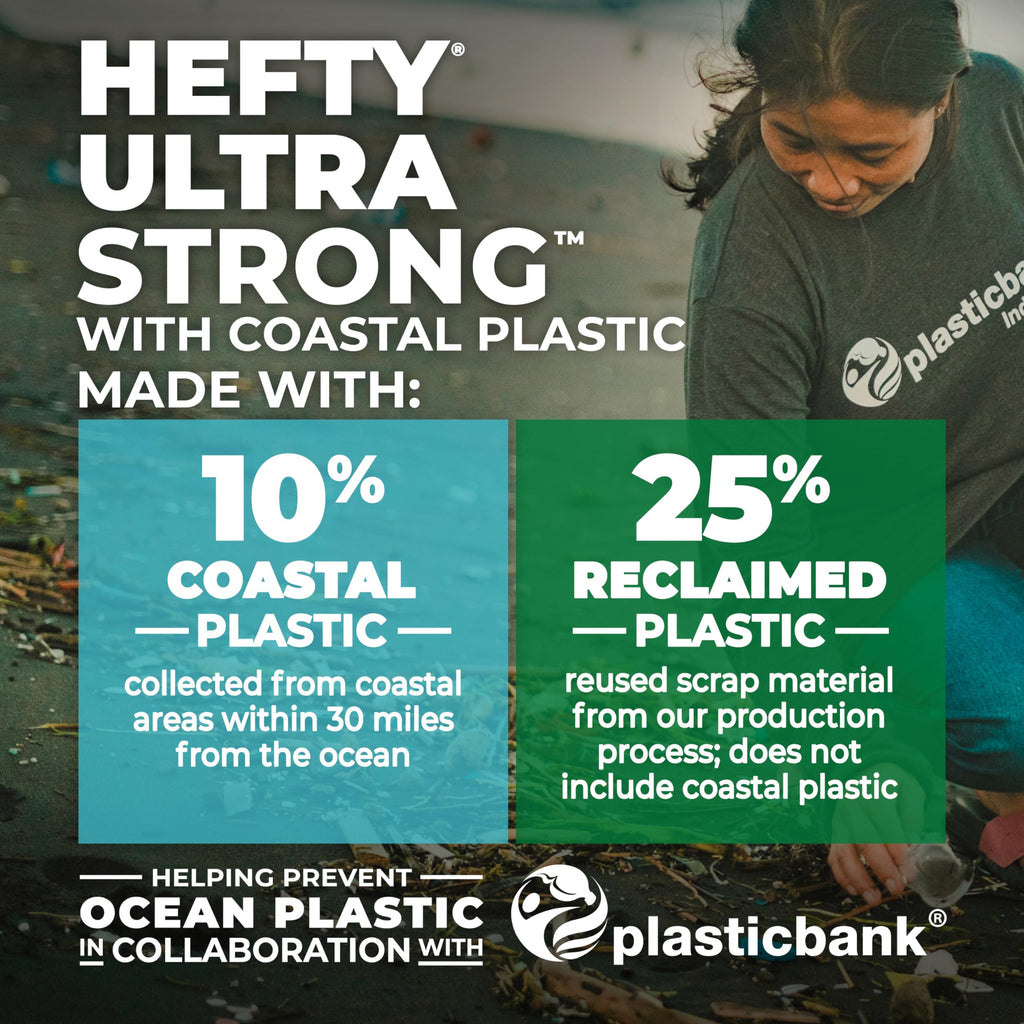 Hefty Ultra Strong 13 Gallon Trash Bags, Tall Kitchen Trash Bags Made with Recovered Materials, Including Coastal Plastic, Drawstring, Resists Leaks and Punctures, Gray, Seaside Breeze Scent, 80 Bags