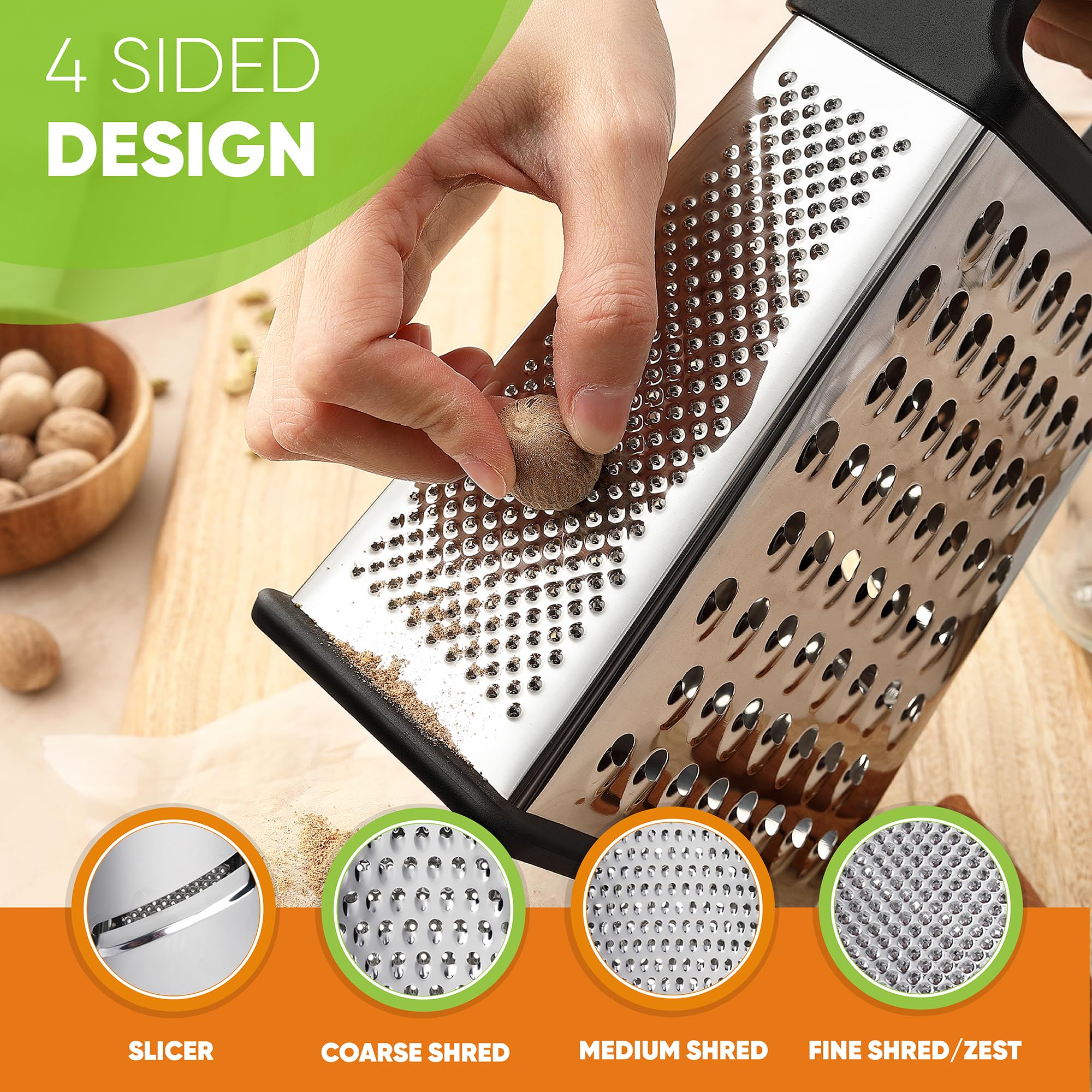 Professional Cheese Grater - Stainless Steel, XL Size, 4 Sides - Perfect Box Grater for Parmesan Cheese, Vegetables, Ginger - Dishwasher Safe - Black