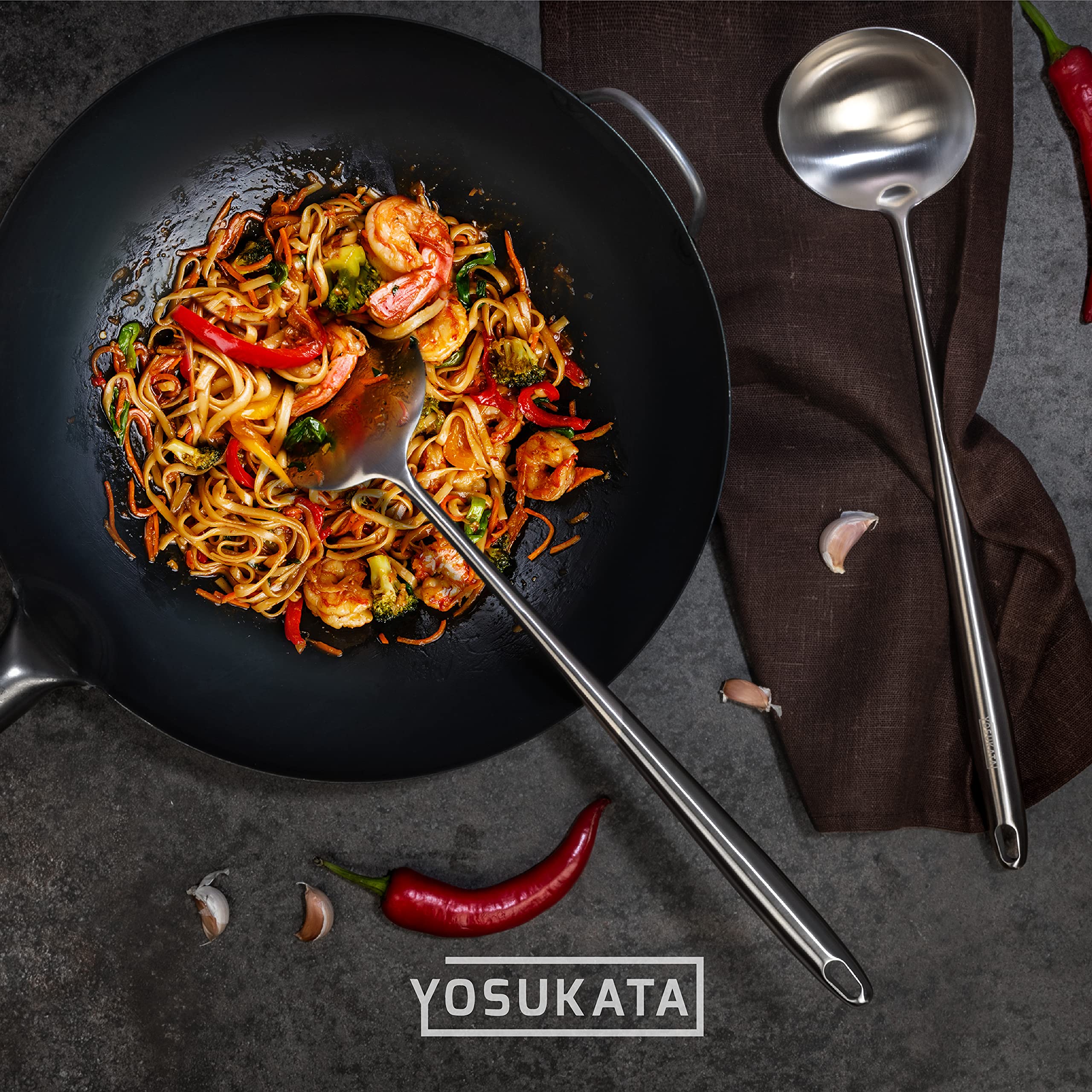 YOSUKATA 17’’ Wok Spatula and Ladle - Set of 2 Heat-Resistant Wok Tools - Universal Wok Ladle and Spatula - High-Grade Stainless Steel Cooking Utensils and Wok Accessories - Solid Wok Utensils