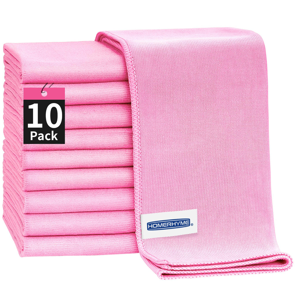 HOMERHYME Microfiber Cleaning Cloth - 10 Pack Glasses Cleaning Cloth, 16" x 14" Window Cleaning Rags, Streak Free Lint Free Polishing Cloths Wipes for Eye Glass, Stainless Steel, Windshield, Pink