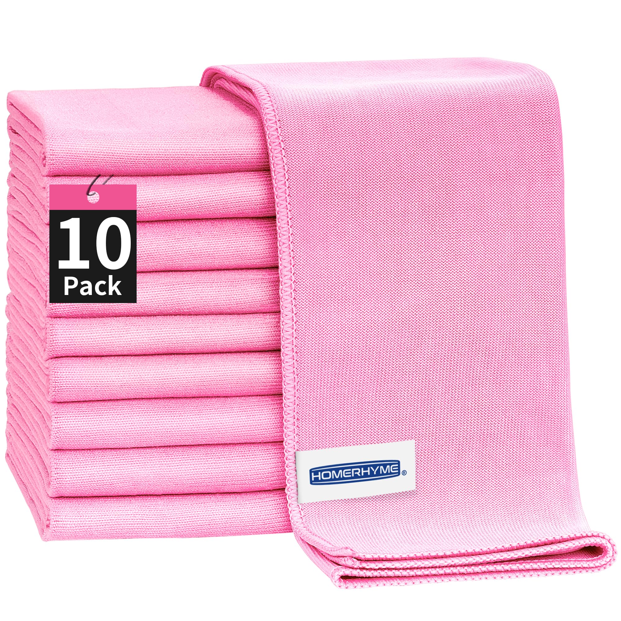 HOMERHYME Microfiber Cleaning Cloth - 10 Pack Glasses Cleaning Cloth, 16" x 14" Window Cleaning Rags, Streak Free Lint Free Polishing Cloths Wipes for Eye Glass, Stainless Steel, Windshield, Pink