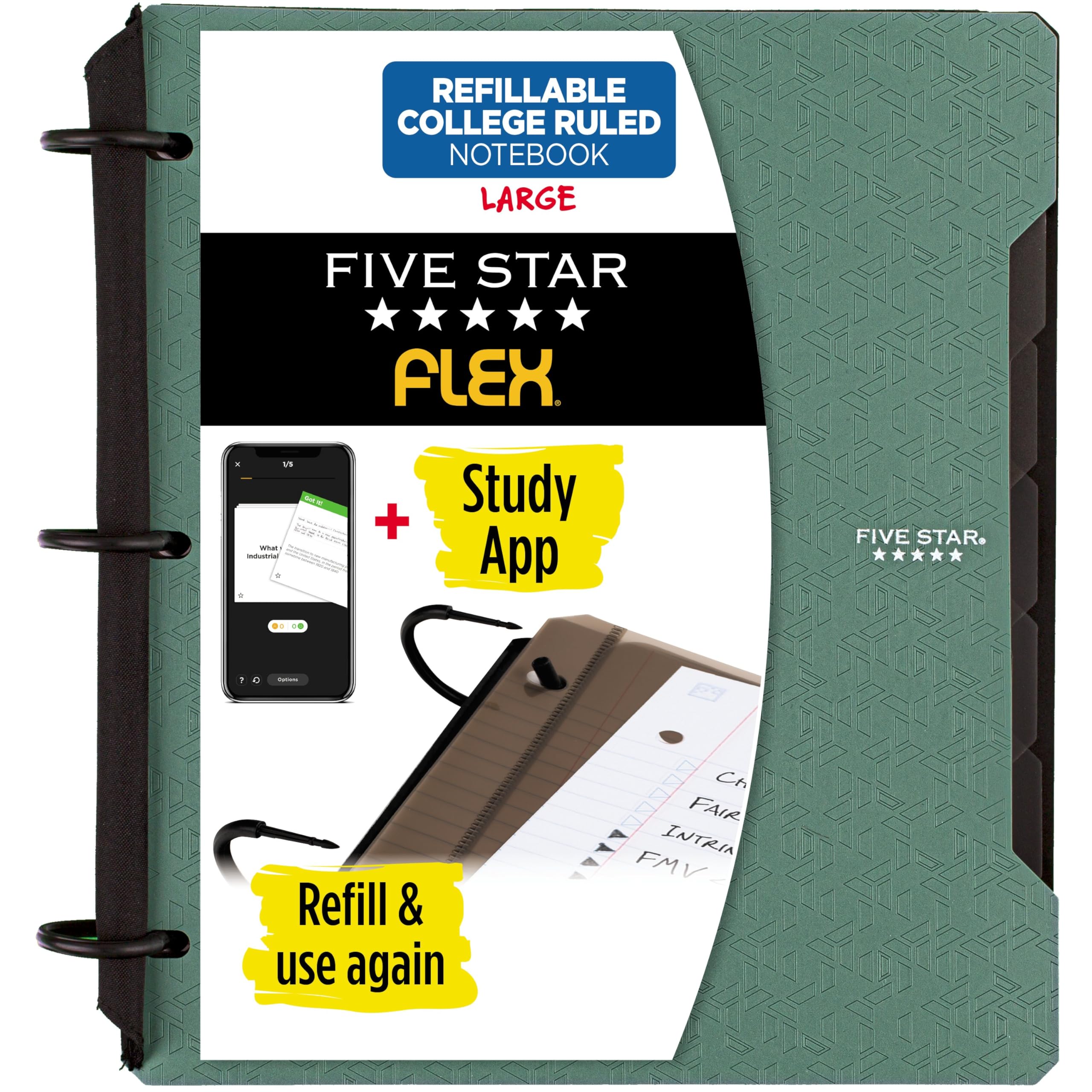 Five Star Flex Refillable Notebook + Study App, College Ruled Paper, 1 Inch TechLock Rings, Pockets, Tabs and Dividers, 200 Sheet Capacity, Seaglass Green (29328AQ8)