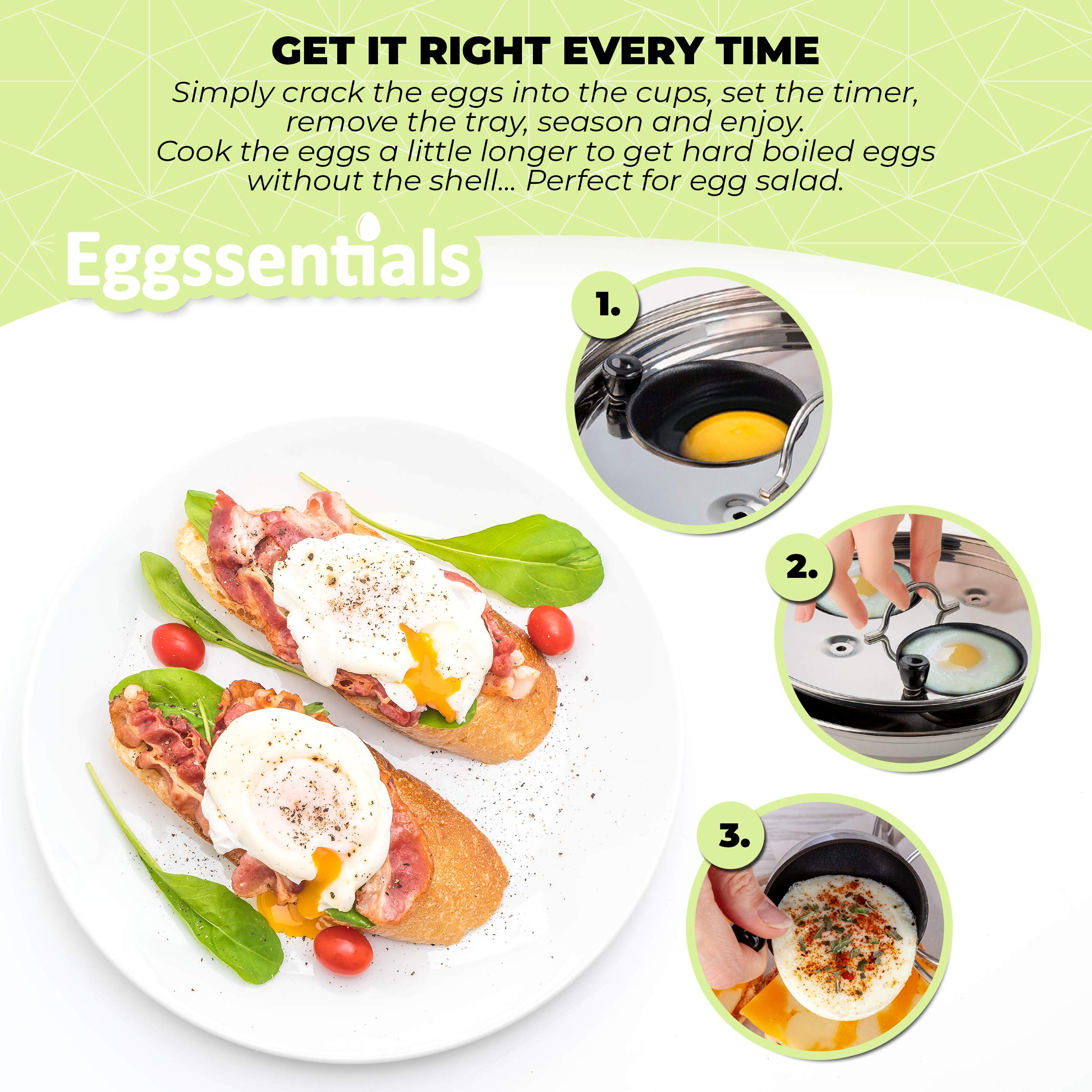 Eggssentials 2 Cup Egg Poacher, Stainless Steel, Non-stick PFOA Free with Spatula, Poached Egg Maker, Egg Poachers Cookware